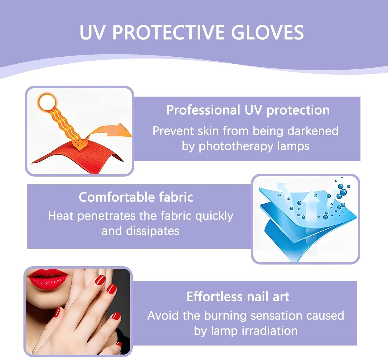 Checkzed UV Gloves for Nails，Professional UPF50+ Fingerless UV Light Gloves for Gel Manicures, Gel Nail Lamp 99% UVS Blocking, Outdoor Sunscreen Glove (Lavender Purple) image number 2