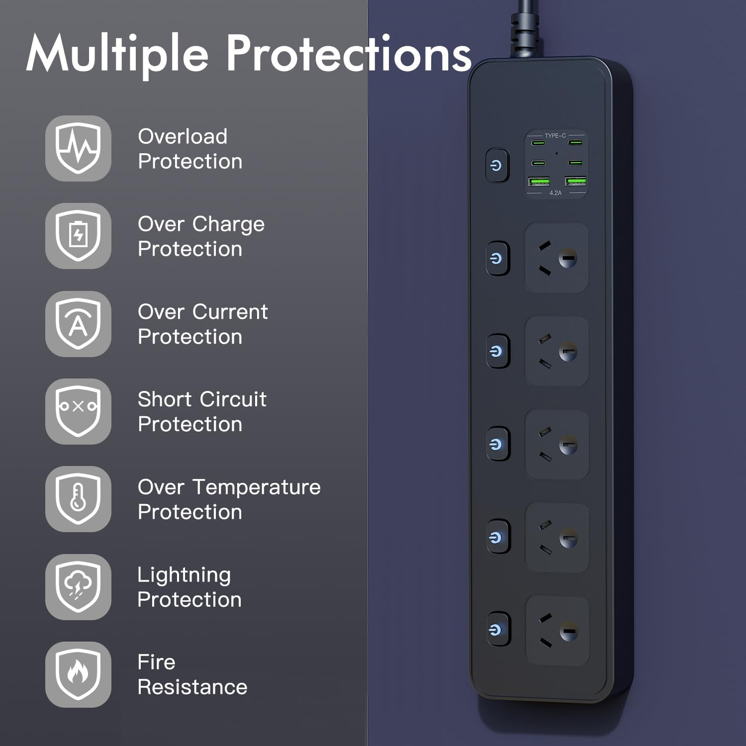 BOCHLION Power Strip with Independent Switch, Surge Protector Power Strip with 6 USB Ports, 1.8 Meter Extension Power Strip, Suitable for Wall Mounting in Home Office. (Black) image number 3