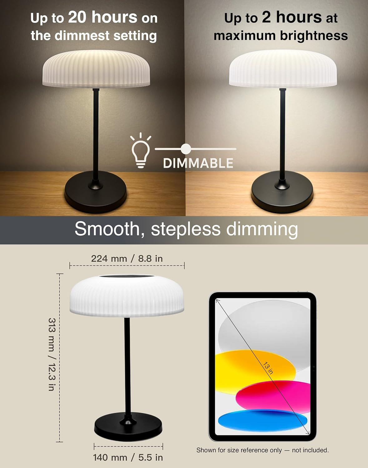 Orihome&reg; Cordless Table Lamp, Solar & USB-C Charging, IP44 Water-Resistant Dimmable Warm/Cool Light, Touch & Gesture Control, Portable Indoor Outdoor Lamp for Bedroom, Bathroom, Patio, Spa Area image number 3