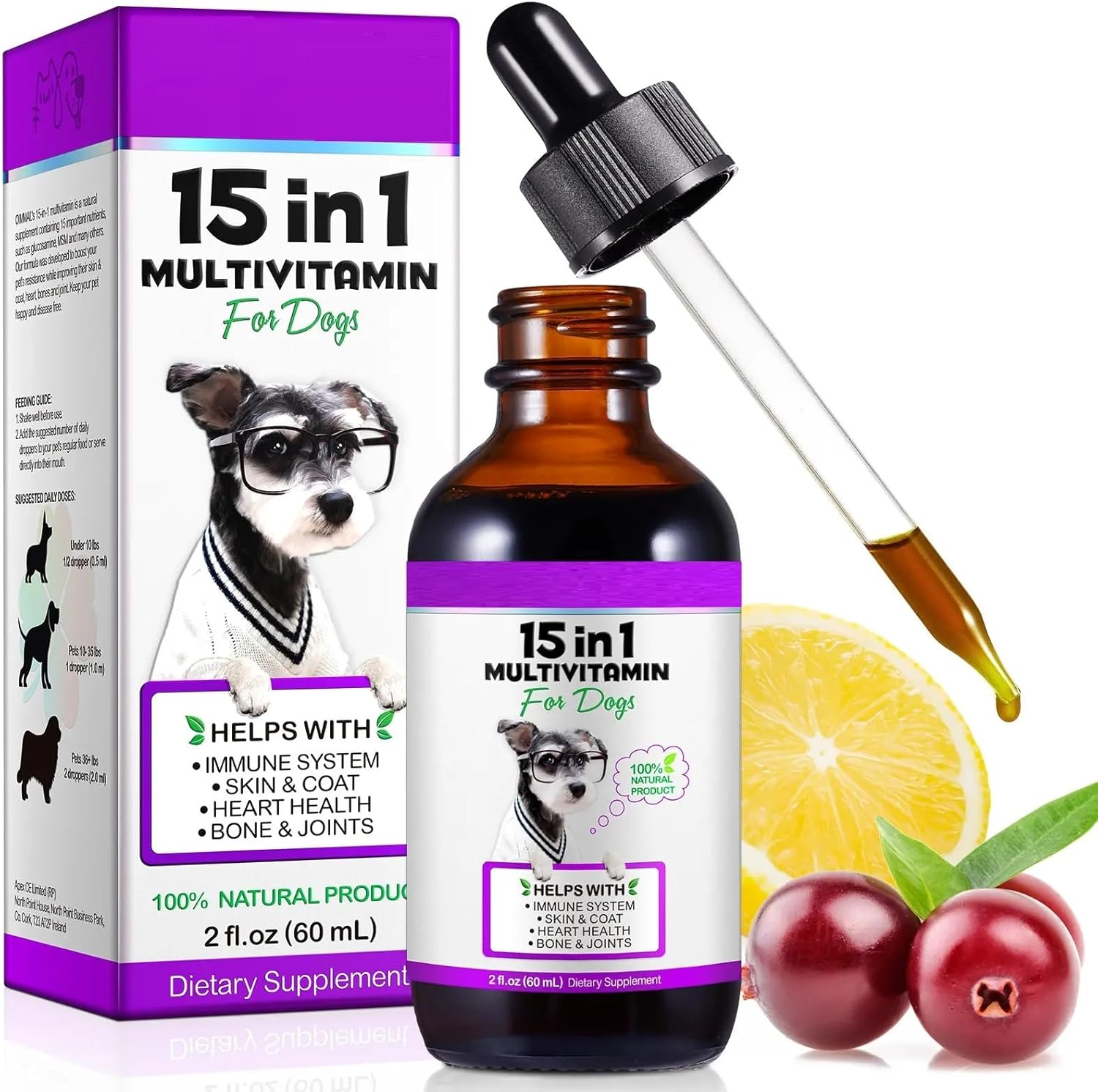 Dogs Natural Multivitamin - 15 in 1 Nutrition Vitamin Drops ● Supports Heart, Bones, Hip, Joint, Skin, Coat, Bladder, Digestive, Immune System ● Supplement with Bacon Flavor ● 60Ml image number 5