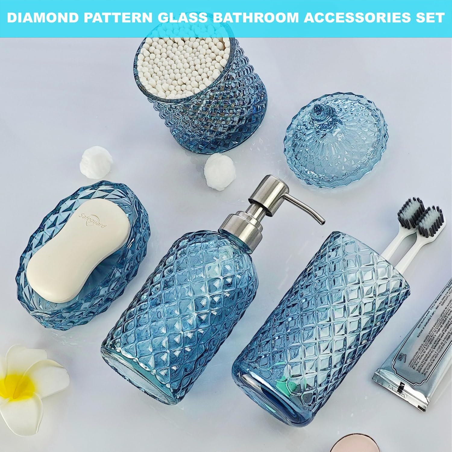 Lamarriti Blue Bathroom Accessories Set, 4Pcs Clear Glass Bathroom Accessory Set Complete, Lotion Soap Dispenser, Toothbrush Holder Set, Soap Dish, Qtip Holder for Modern Bath Decor, Light Blue image number 4