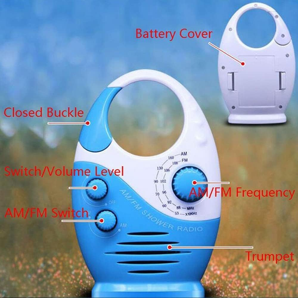 Shower Radio, Waterproof Bathroom Speaker Button, Mini Adjustable Volume Hanging AM/FM Radio with Top Handle for Bathroom Indoor Outdoor Use,Blue image number 6