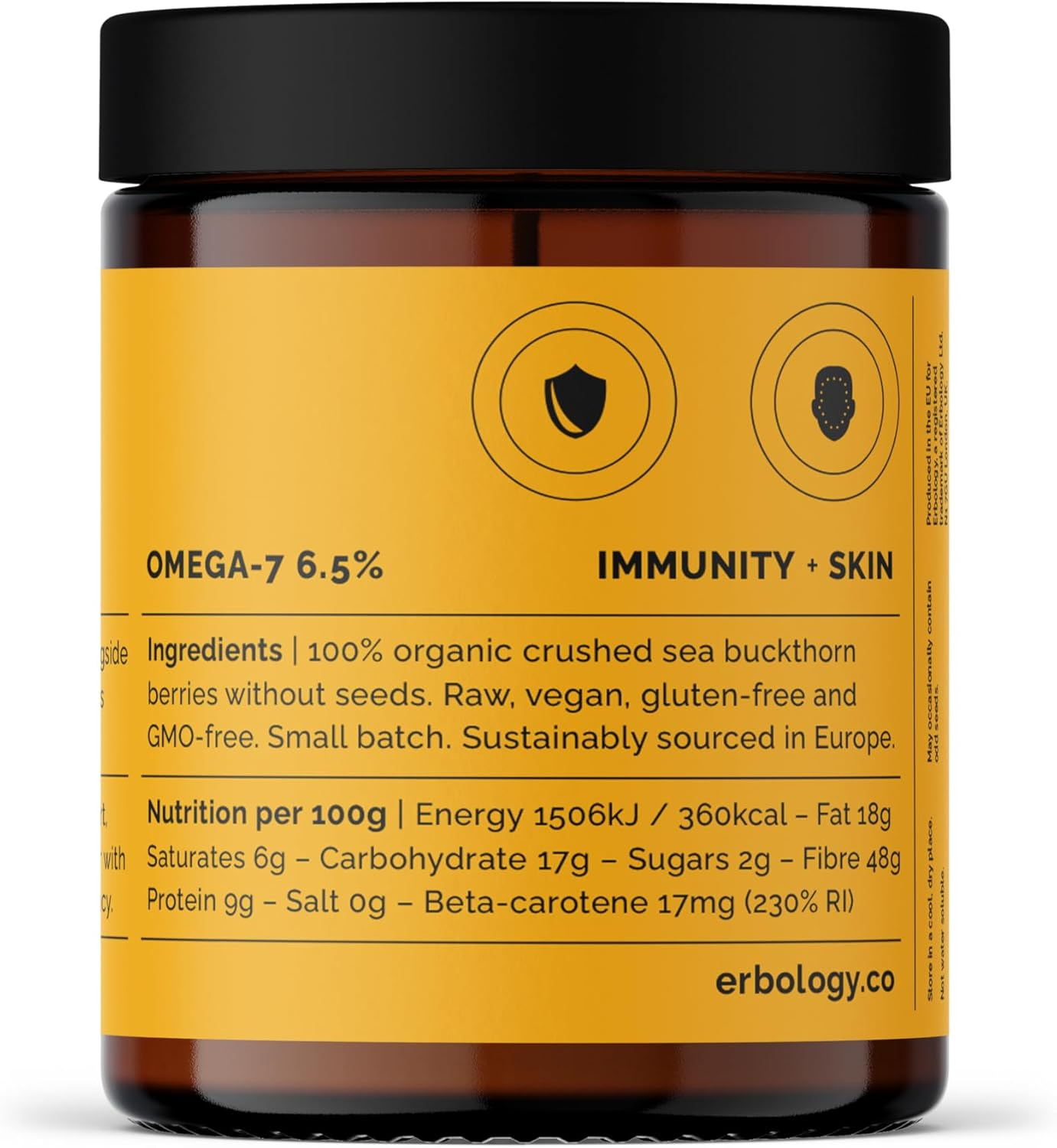 Erbology Organic Sea Buckthorn Powder 50G - 50 Servings - Skin Health and Immunity Support - Rich in Omega-7 (6.5%), Vitamin C and Beta-Carotene - Seeds Removed, More Concentrated - Vegan image number 1