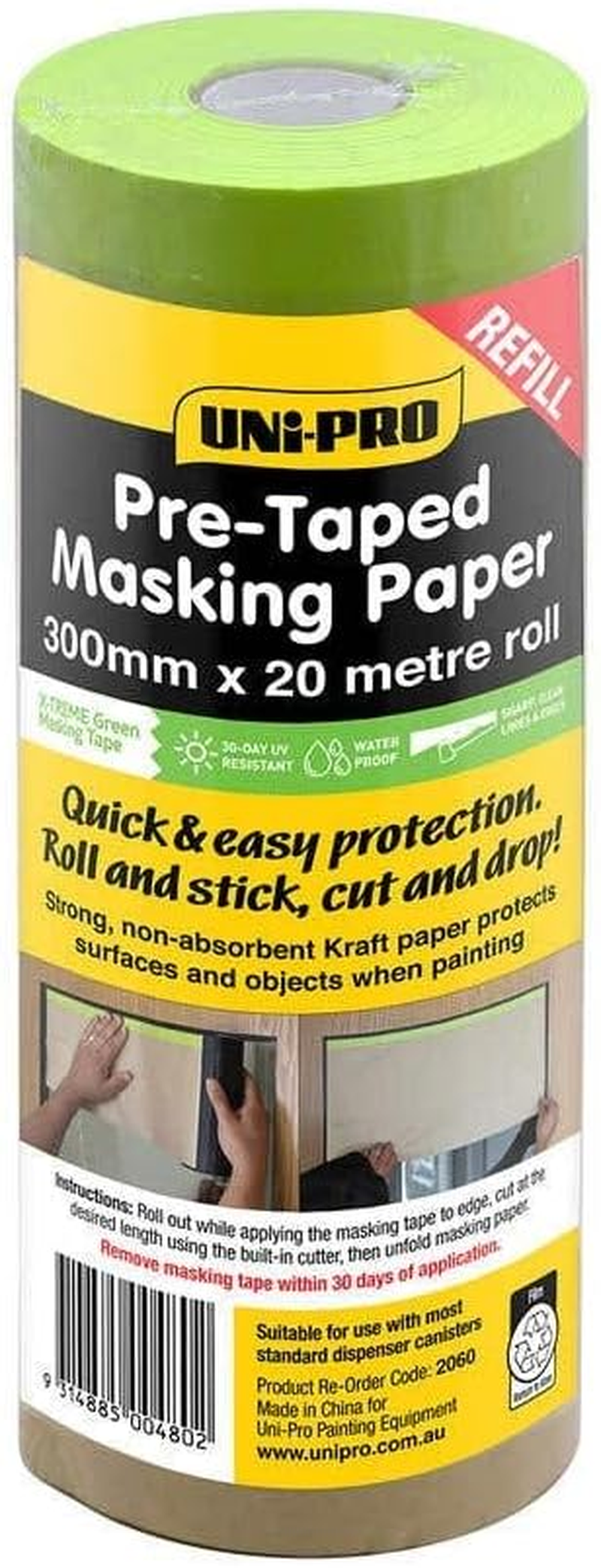 Uni-Pro Pre-Taped Masking Paper, 300 Mm, 20 Meter Refill