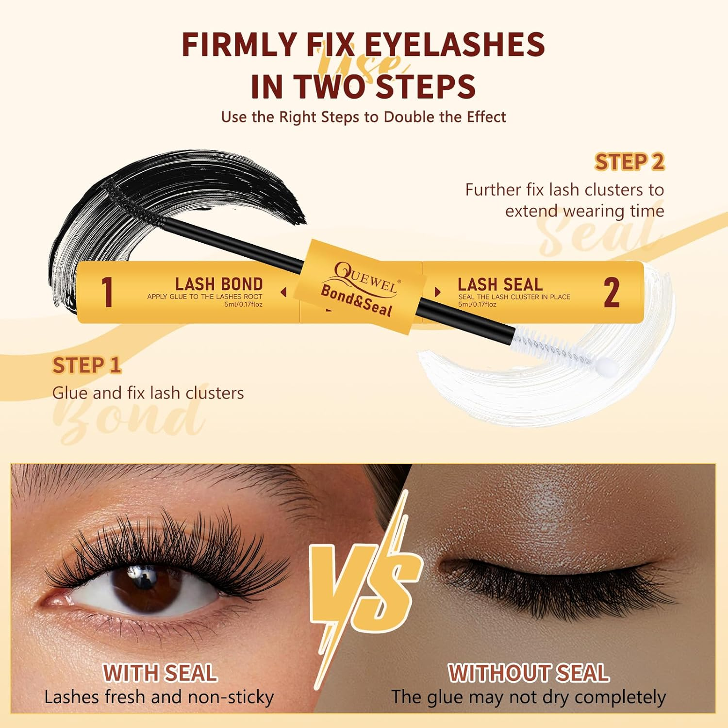 QUEWEL Lash-Bond-And-Seal Waterproof, 5Ml+5Ml Bond and Seal Eyelash Glue, Strong Hold&Long-Time Lasting Lash Cluster-Glue, Upgraded Brush Head Easier Use for DIY Lash Extensions at Home(Zs 5Ml+5Ml) image number 1