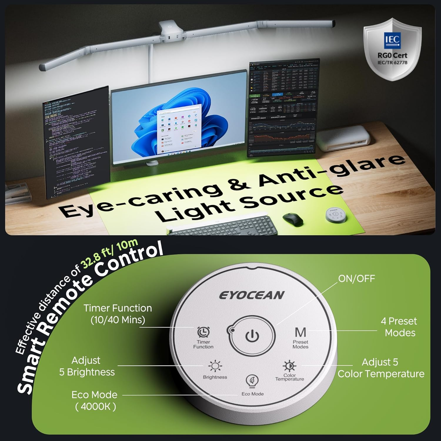 EYOCEAN Desk Lamp, Desk Lamp with 4 Light Sources, 24 W 100 Cm Daylight Lamp Desk with Remote Control, Dimmable Monitor Lamp, Gooseneck Office Table Lamp, Eye Protection PC Lamp image number 2