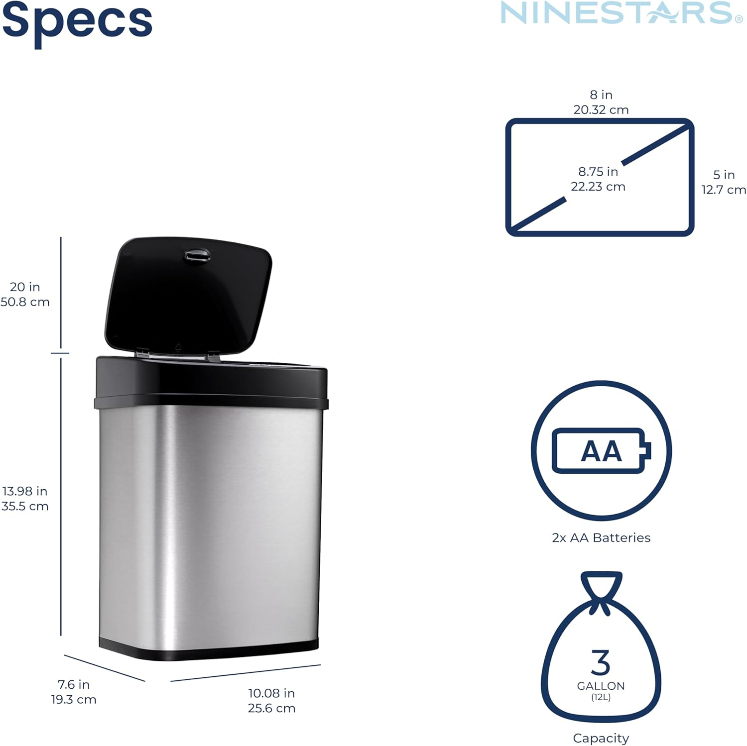 Ninestars DZT-12-5 Bedroom or Bathroom Automatic Touchless Infrared Motion Sensor Trash Can, 3 Gal 12L, Stainless Steel Base (Rectangular, Black Lid) image number 6