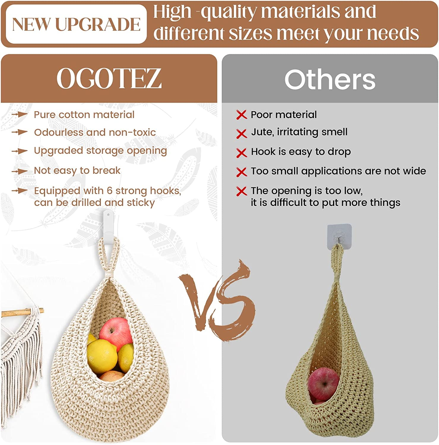 Hanging Fruit Baskets for Kitchen - 3 Pack Boho Wall Hanging Basket with 6 Pcs Strong Hooks, Handwoven Hanging Holder Teardrop Home Produce Basket for Fruits Vegetable Potato Onion Storage (White)