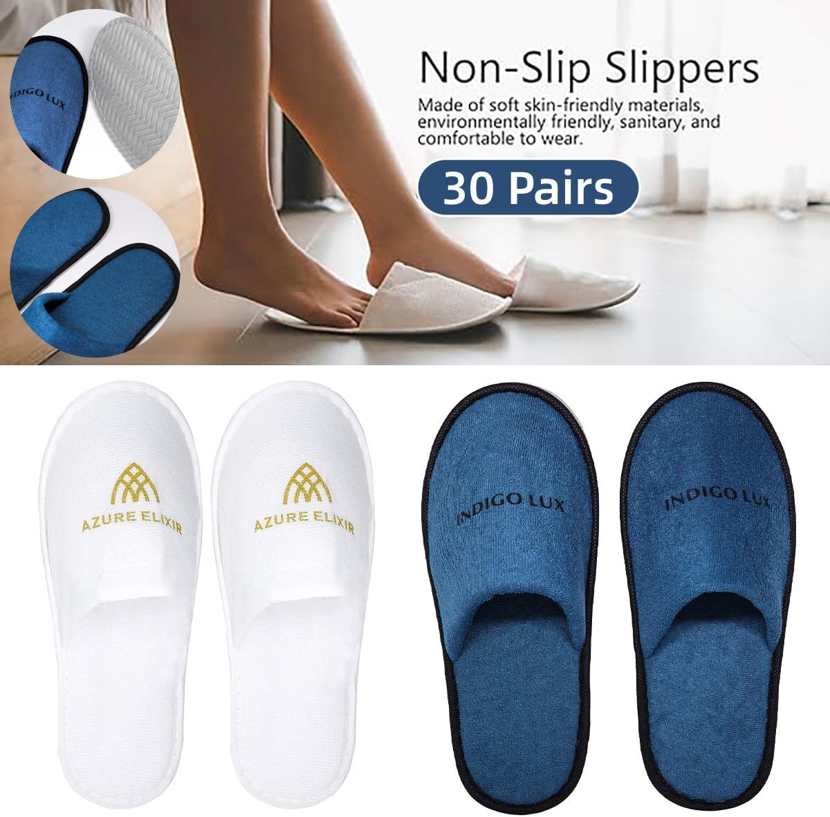 AIMALL 30 Pairs Disposable Hospitality Slippers for Hotels, Guesthouses & Home Use, Lightweight Non-Slip Unisex Design with Two Thickness Options, 10.7 X 27.7 Cm & 11.4 X 29 Cm - White image number 4