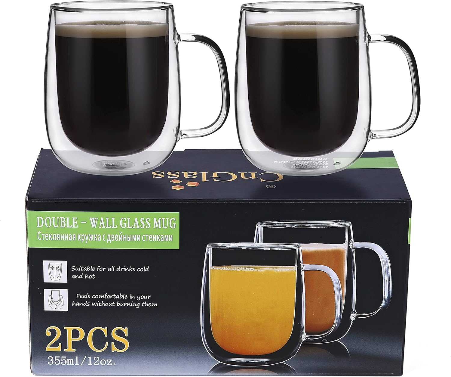 CNGLASS Glass Coffee Mugs (355Ml) 12Oz,Double Wall Insulated Mug Set with Handle,Clear Glass Espresso Mugs for Latte,Cappuccino,Tea Bag,Hot and Cold Beverages,Set of 2 - 450Ml(1-Pack) image number 5