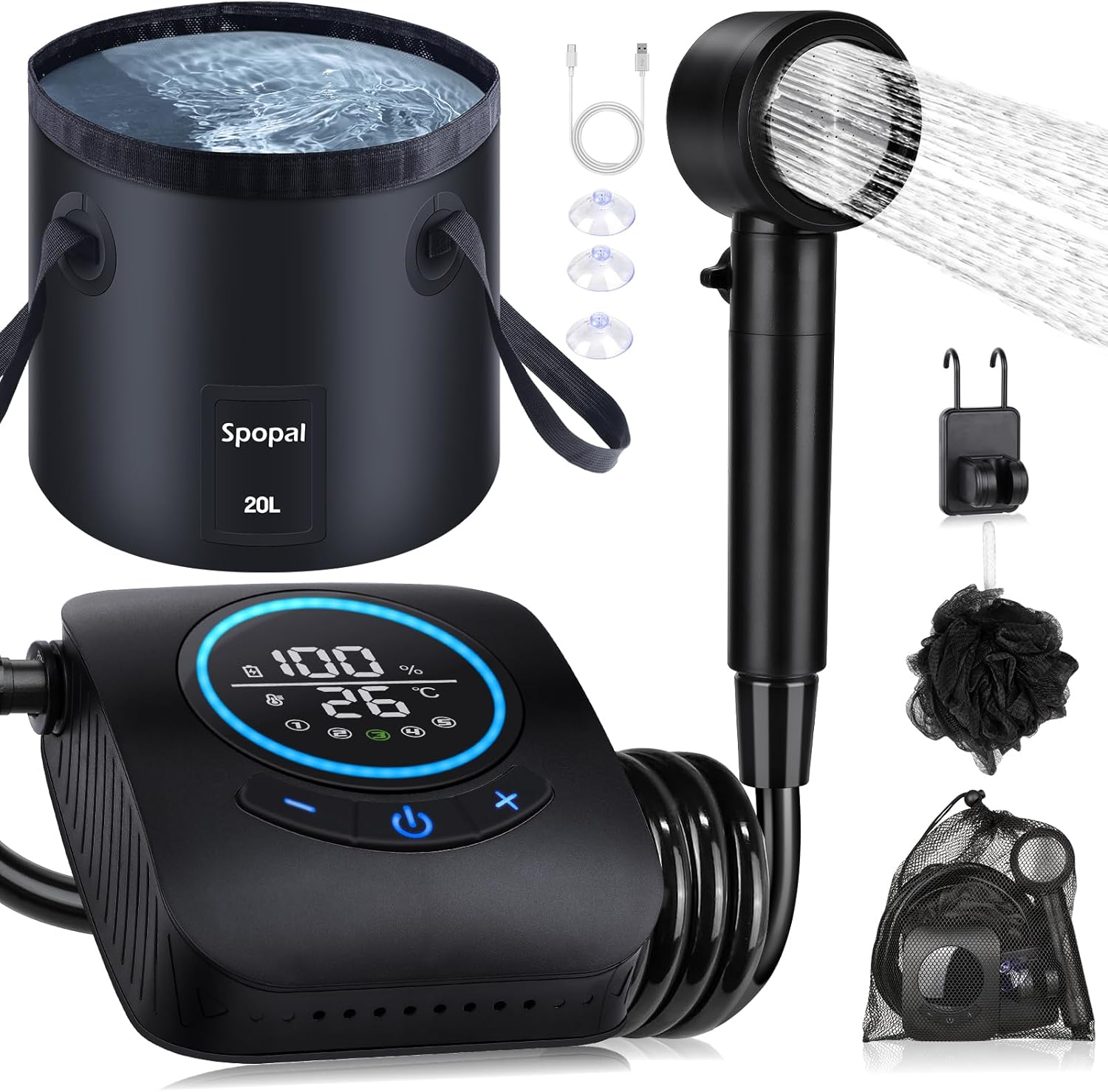 Portable Camp Shower, [8000Mah Long-Lasting] Spopal Rechargeable Shower for Camping with 20L Water Bucket, LED Display, Shower Head, Electric Shower Pump for Car & Pet Clean, Camping Hiking, Travel image number 3
