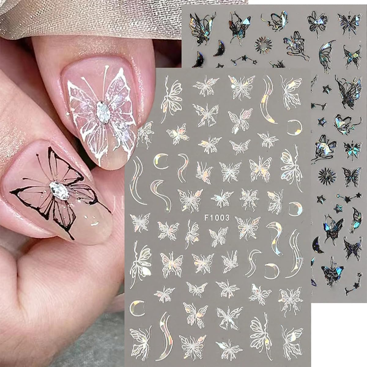 8 Sheet Black White Butterfly Nail Art Stickers 3D Butterflies Nail Decals for Women 3D Holographic Laser Butterfly Sparkly for Nail Designs Butterfly French Glitter DIY Nail Charm Manicure Decoration image number 5