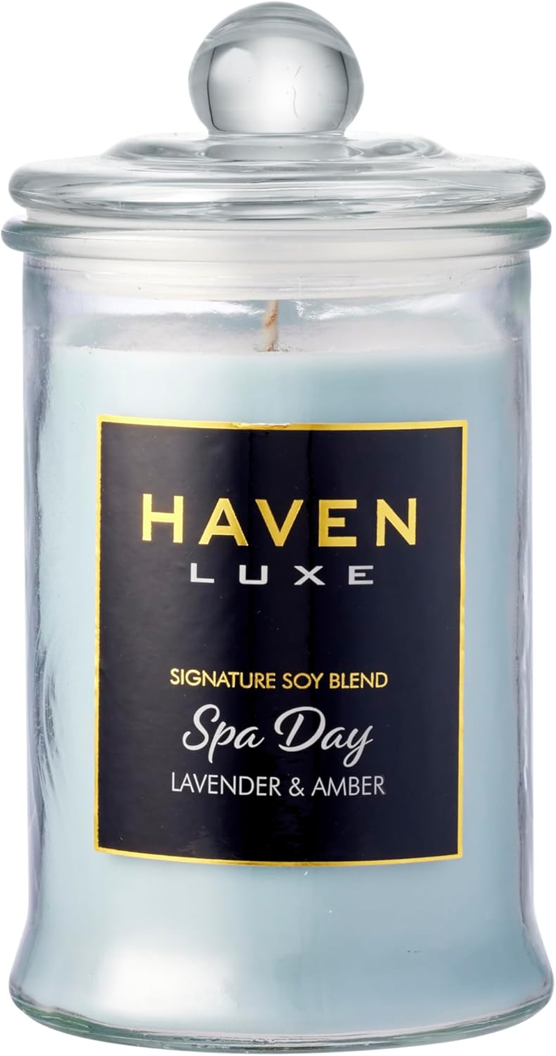 Haven Lavender & Amber Scented Candle in Glass Jar - Clean-Burning Soy Wax Blend with Natural Cotton Wick - Long-Lasting Aromatherapy Candle for Home Decor & Fragrance
