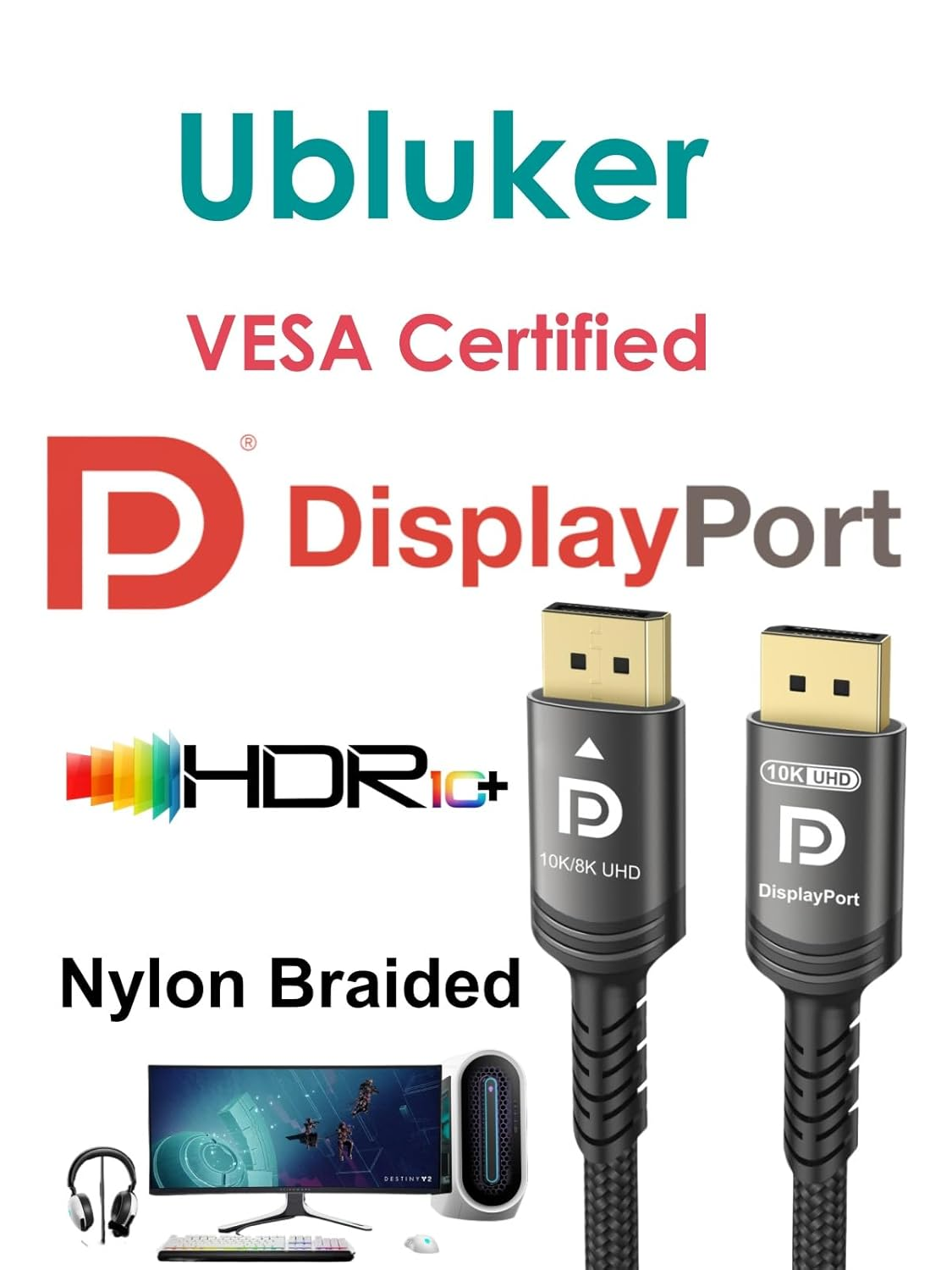 Ubluker 10K 8K 4K Displayport Cable 40Gbps 1 M, VESA Certified DP to DP Cable V1.4 V1.2 Nylon Braided UHBR HDCP DSC1.2 10K 8K60Hz 4K 165Hz 144Hz 2K 240Hz Freesync G-Sync Monitor PC Projector image number 1
