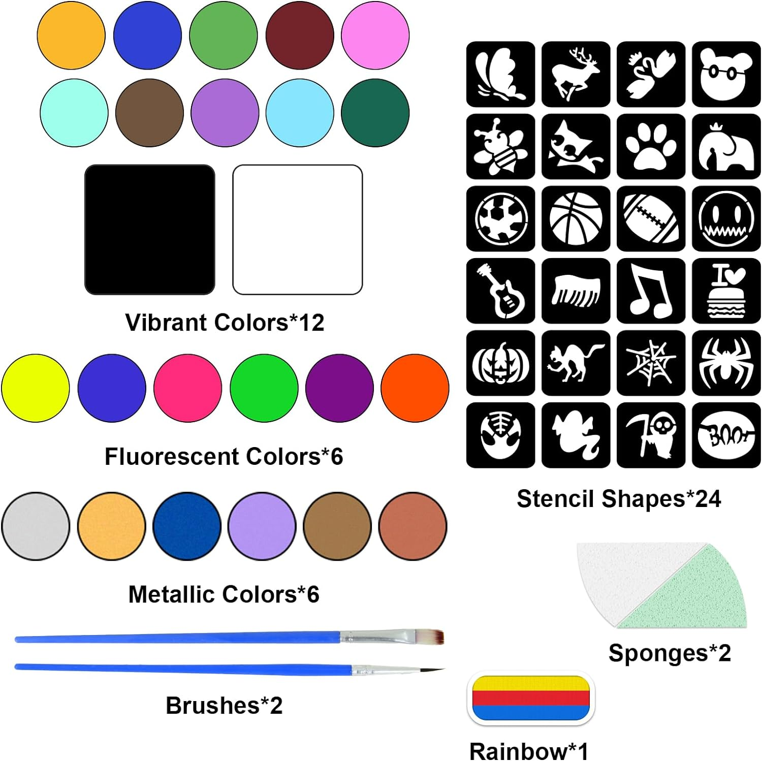 Face Painting Kit for Kids, 24 Colours Washable Face Painting Kit with Stencils, Professional Body Face Paint 24 Stencils, Sponge, for Party, Christmas, Body Paint, Makeup Kit image number 1