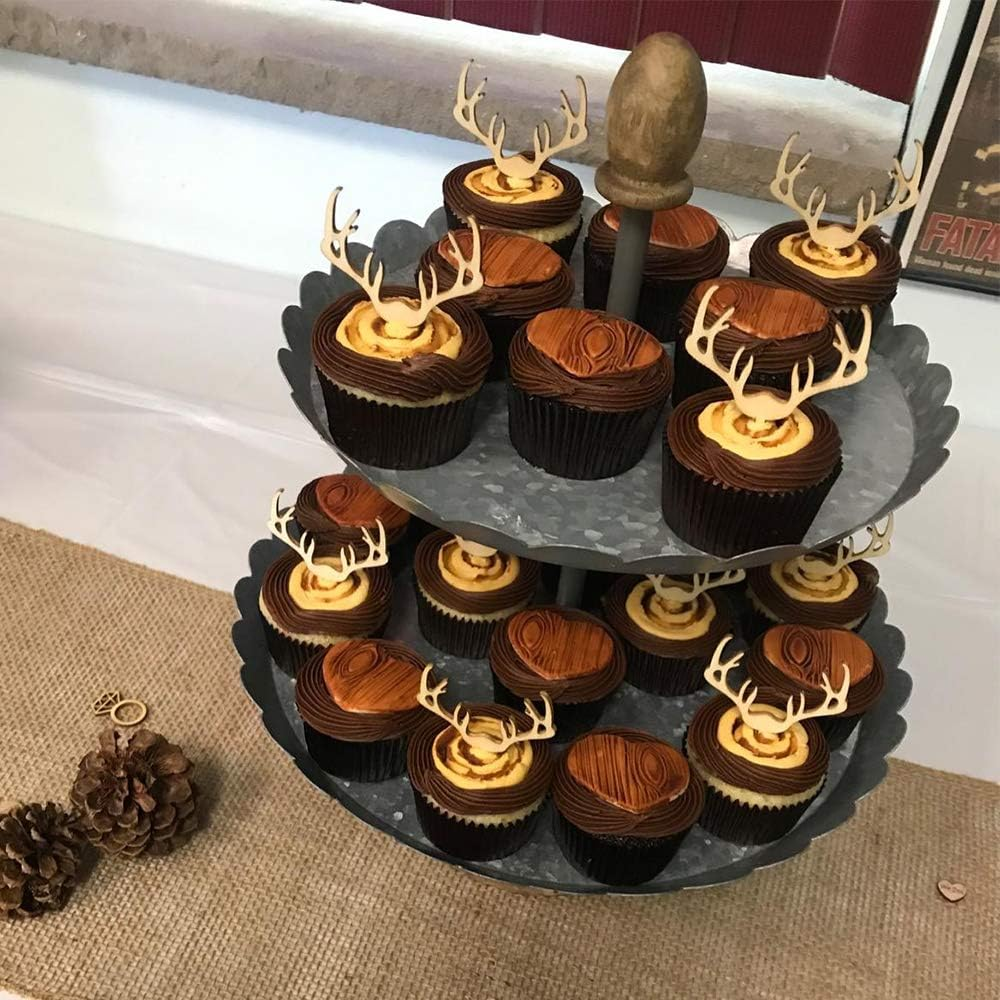 Deer Cupcake Toppers Wooden Woodland Antler Baby Shower Cake Picks Party Decorations Wedding Hunting Boho Rustic Country Birthday Party Supplies Set of 24 image number 2