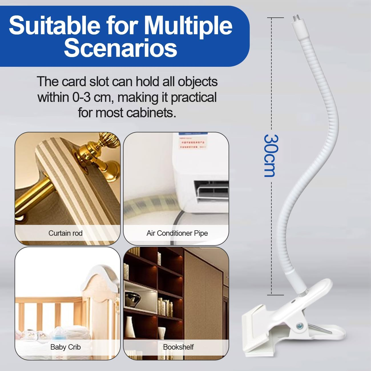 Universal Baby Monitor Holder-Flexible Gooseneck Arm Baby Monitor Clip Mount Stand with 1/4 Screw,No Drilling Required,Compatible with Arlo,Motorola,Vtech & Other Cameras(Clip on 0.3M)