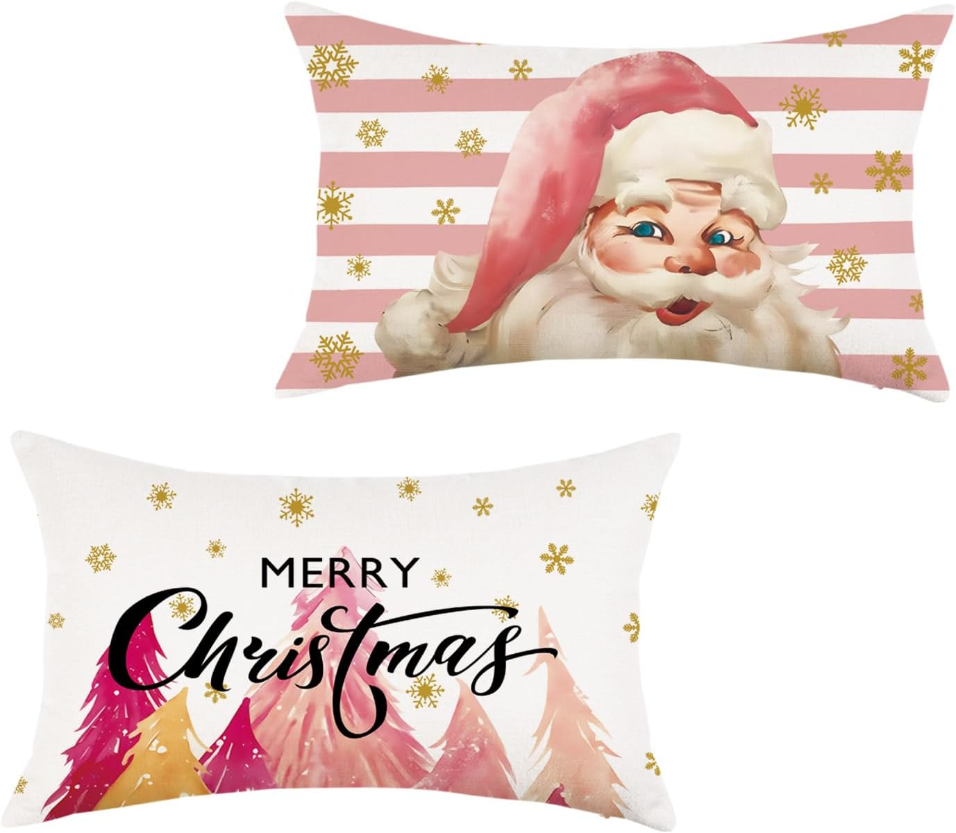 HOMFREEST Christmas Throw Pillow Covers 12X20 Inches Stripes Pink Santa Claus Pillowcases Xmas Decorative Cushion Cases for Couch Sofa Set of 2