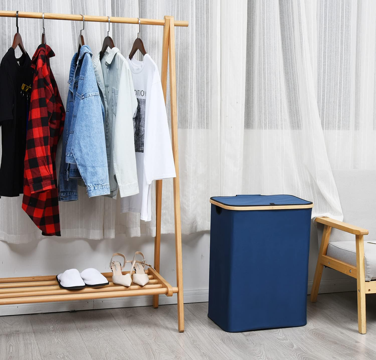 ALINK Folding Large Bamboo & Canvas Laundry Hamper- Single Laundry Basket with Lid - Modern Collapsible Hamper with Handles, Waterproof Liner, Great for Bedroom, Bathroom, Living Room-Blue image number 2