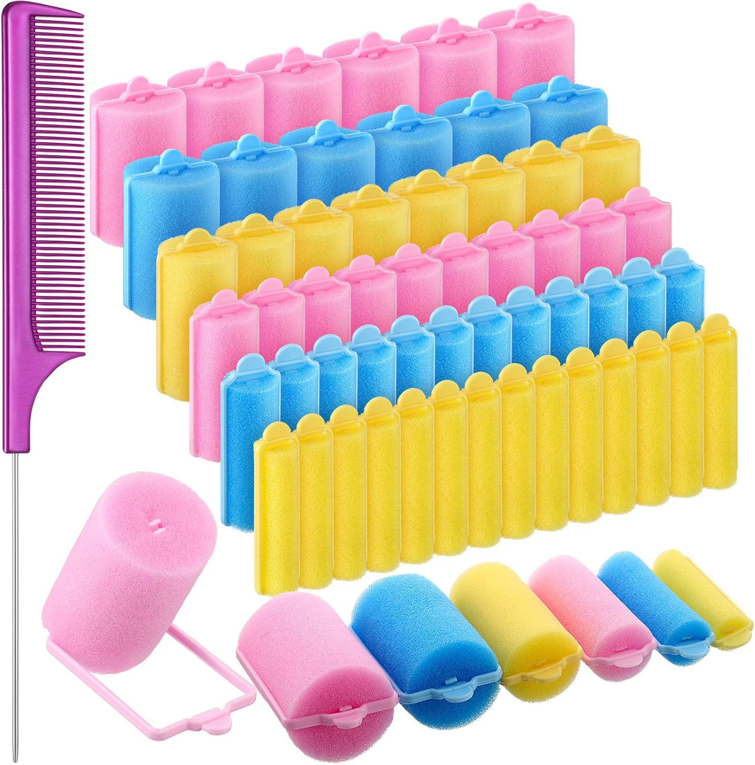 Syhood 56 Pcs Foam Sponge Hair Rollers 6 Sizes Soft Sleeping Curlers Flexible Sponge Curler Tool Rat Tail Comb for Long Short Hair Styling(Black)