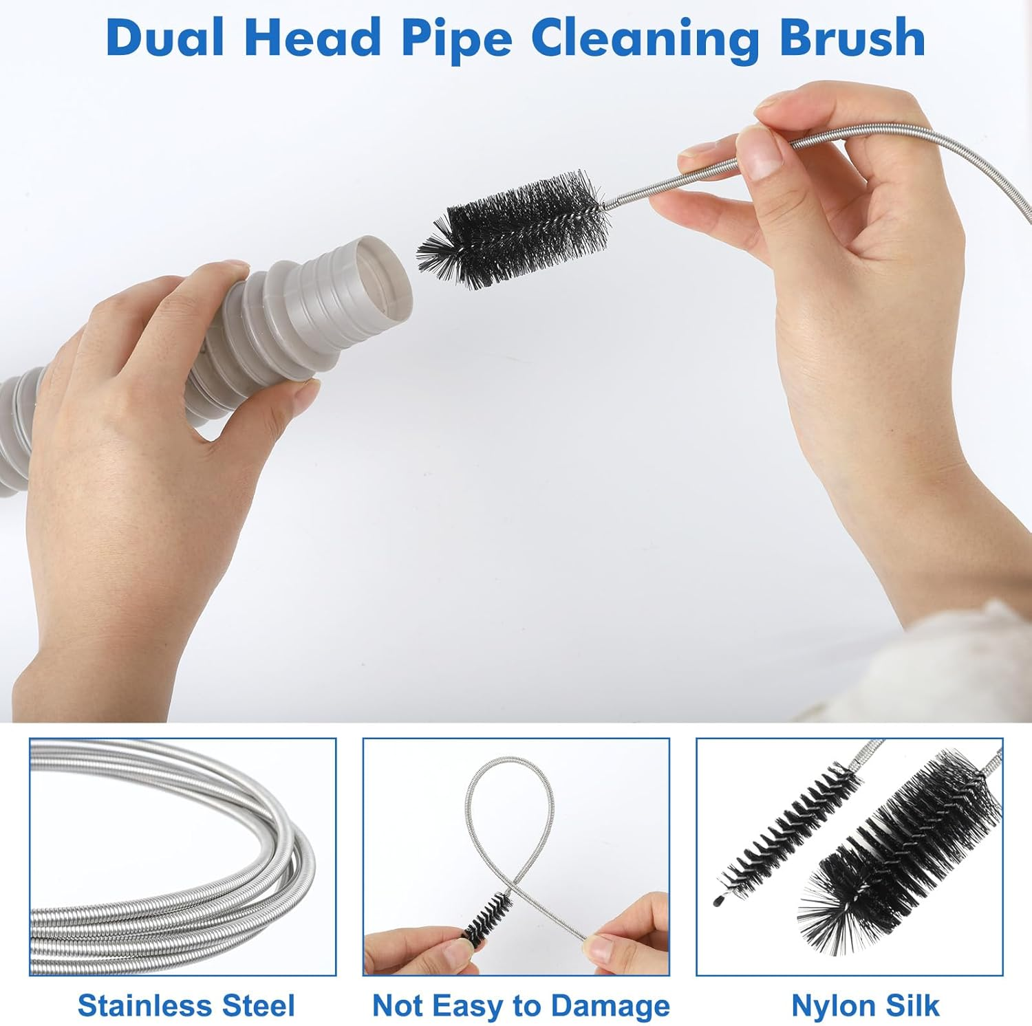 Cozary Pack of 4 Drain Cleaner Spiral, Double Head Pipe Cleaning Brush, Stainless Steel Duct Cleaner, with Pipe Cleaner, Drain Brush and Flexible, Drain Brush, for Drain in Kitchen and Shower image number 4
