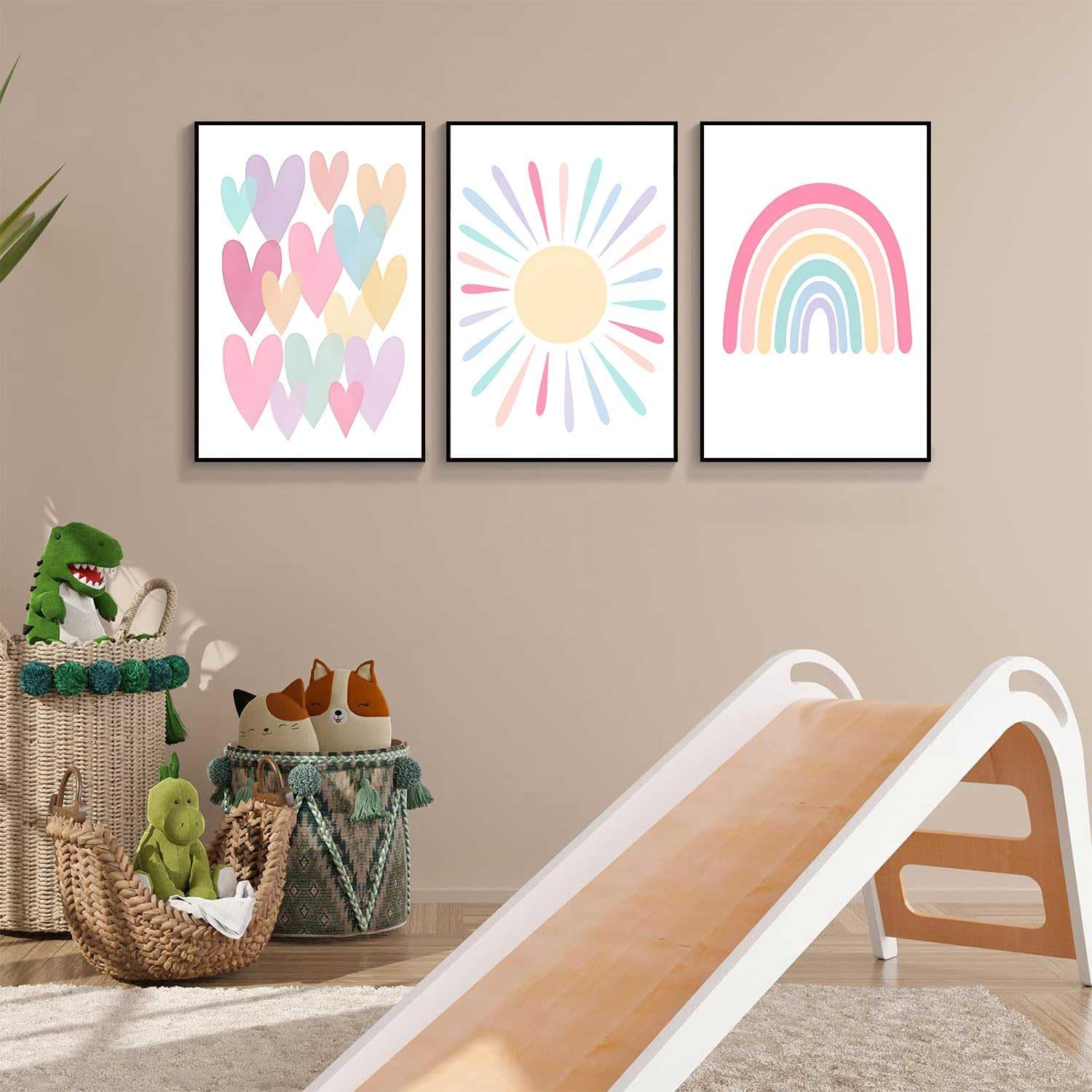 3Pcs Pink Nursery Canvas Wall Art Pastel Rainbow Sun Hearts Posters Prints Boho Pink Sunshine Painting Wall Decor Pictures for Toddler Girls Baby Kids Room Decoration, Unframed 12X16In image number 2