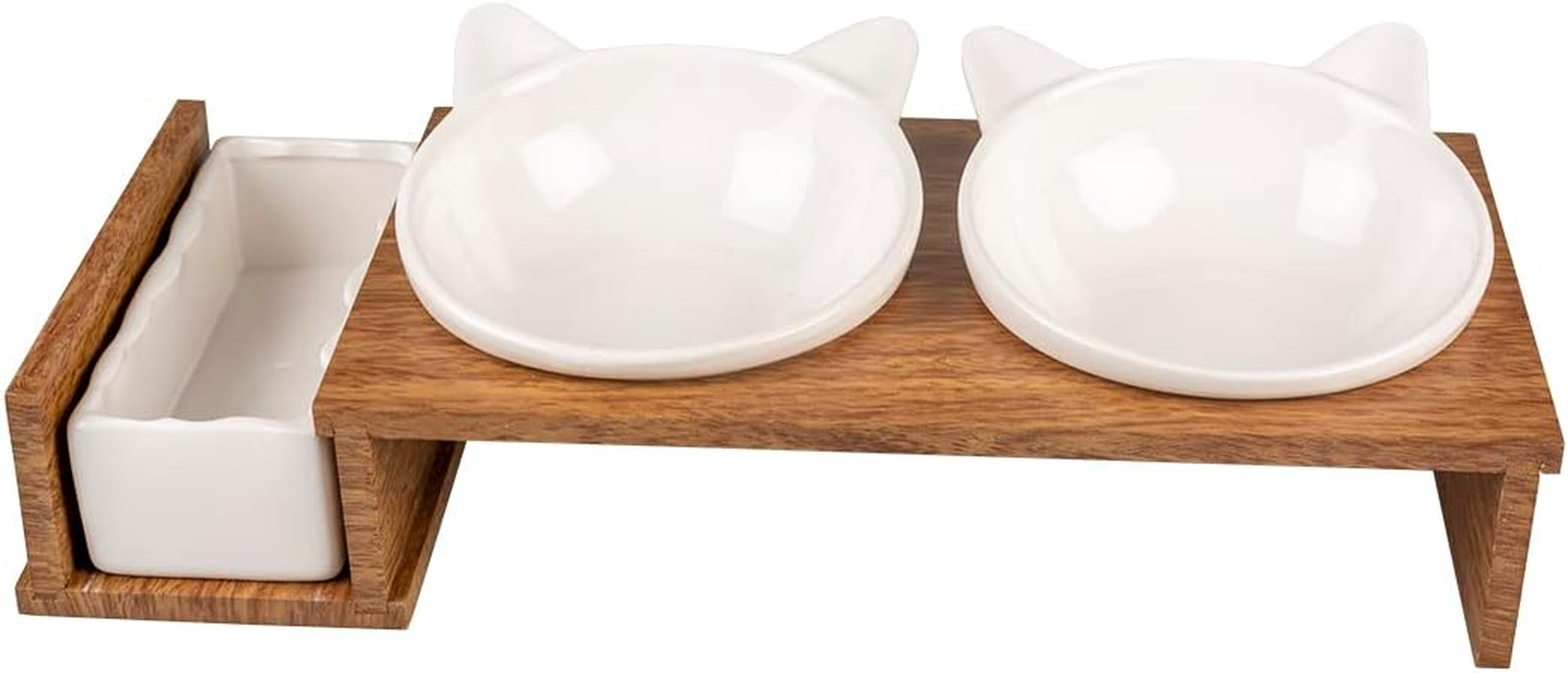 Duvoplus, Set of 3 Ceramic Cat Bowls, Stony up Model, Polywood Stand, 3 Bowls for Eating, Drinking and Catnip, Dishwasher Safe, 250Ml + 350Ml, White image number 3
