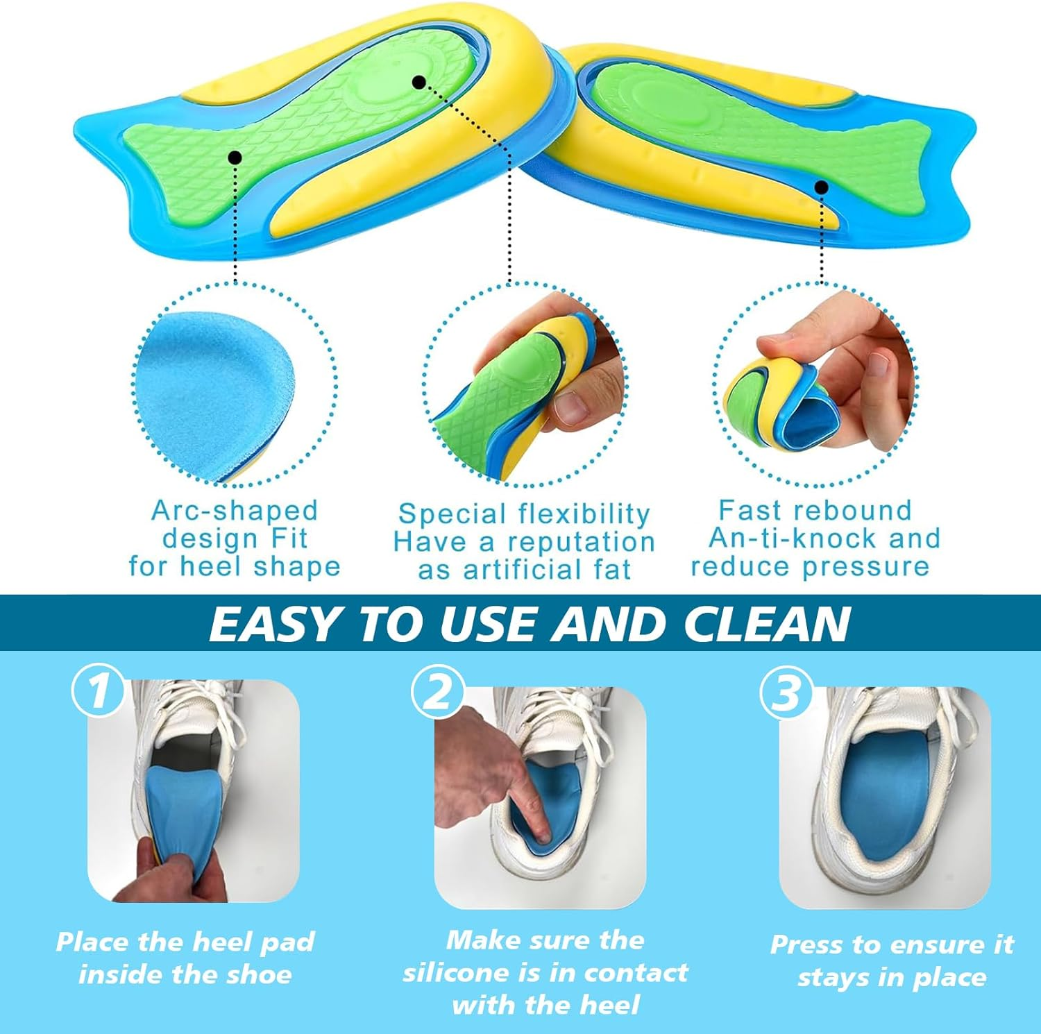 4 Pairs Heel Pads for Plantar Fasciitis Relief, Shock Absorbing Insoles for Heel Spurs Achilles Tendonitis, Soft Silicone Heel Cushions for High Elastic Support, Heel Pad for Relief Heel Pain (S) image number 6