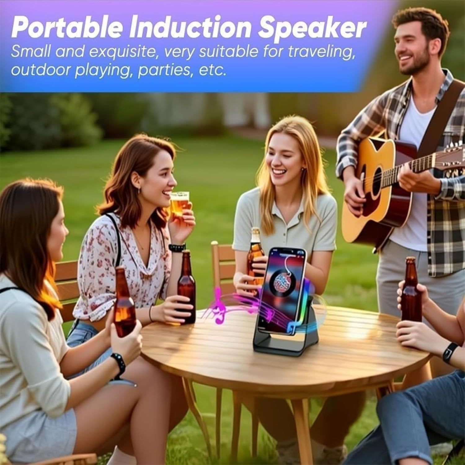 5-In-1 Wireless Induction Bluetooth Speaker with Adjustable Phone Stand, Wireless Induction Audio Speaker Stand, 360&deg; Rotating Design, USB Rechargeable for Smartphones (Black)