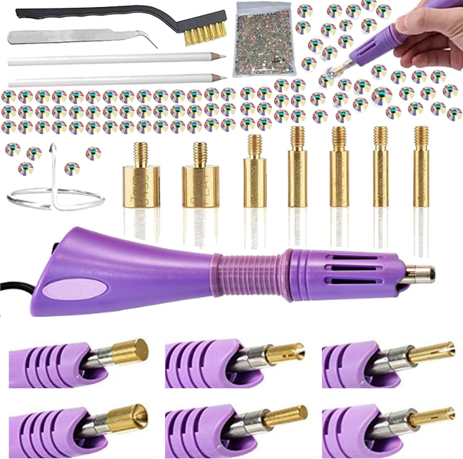 Rileryeol Hotfix Rhinestone Applicator Tool, 7-In-1 Hot Fixed Applicator Rhinestones Kit Include AB Crystal Rhinestones, 7 Tips, 2 Pencils, Tweezers and Support Stand image number 3