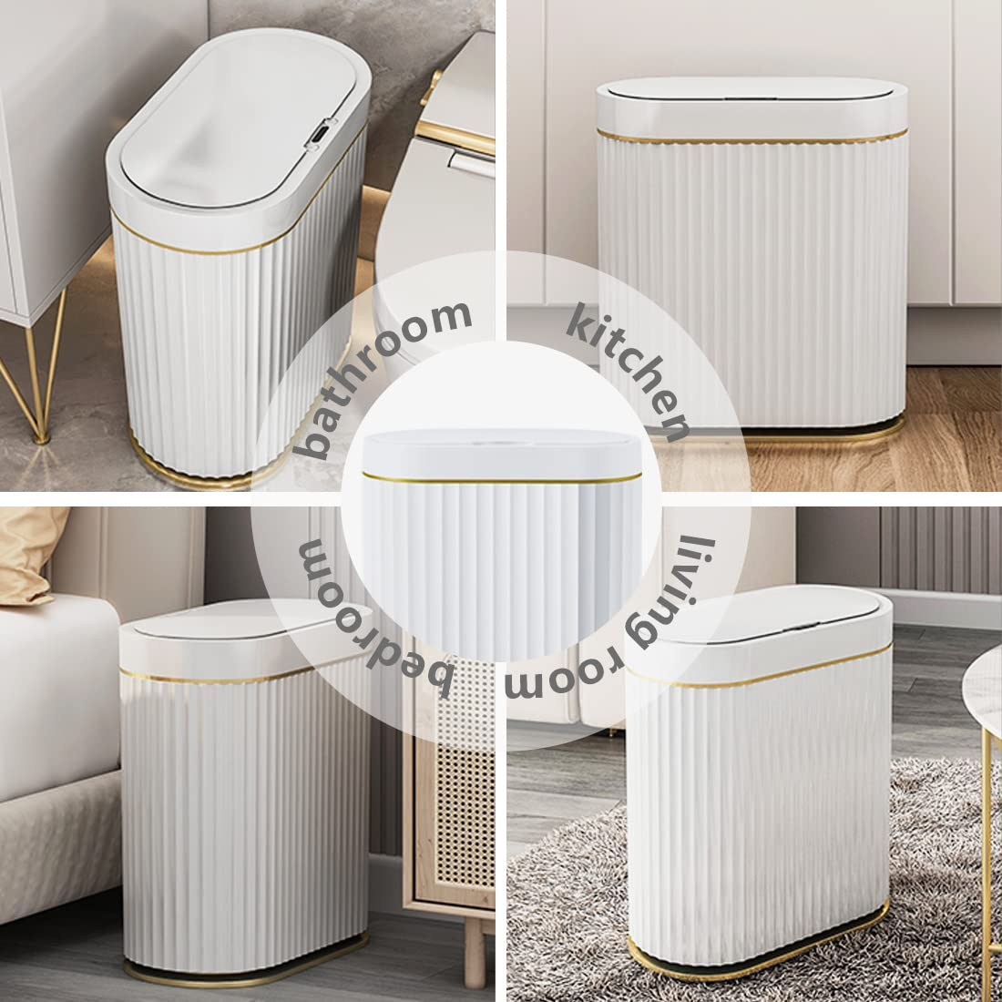 Smart Trash Bin with Lid for Bathroom, 9 Liter Slim Automatic Garbage Can, Waterproof Plastic Rubbish Bin Narrow Motion Sensor Wastebasket for Living Room, Kitchen, Office, Gold (No Battery) - Gold image number 3