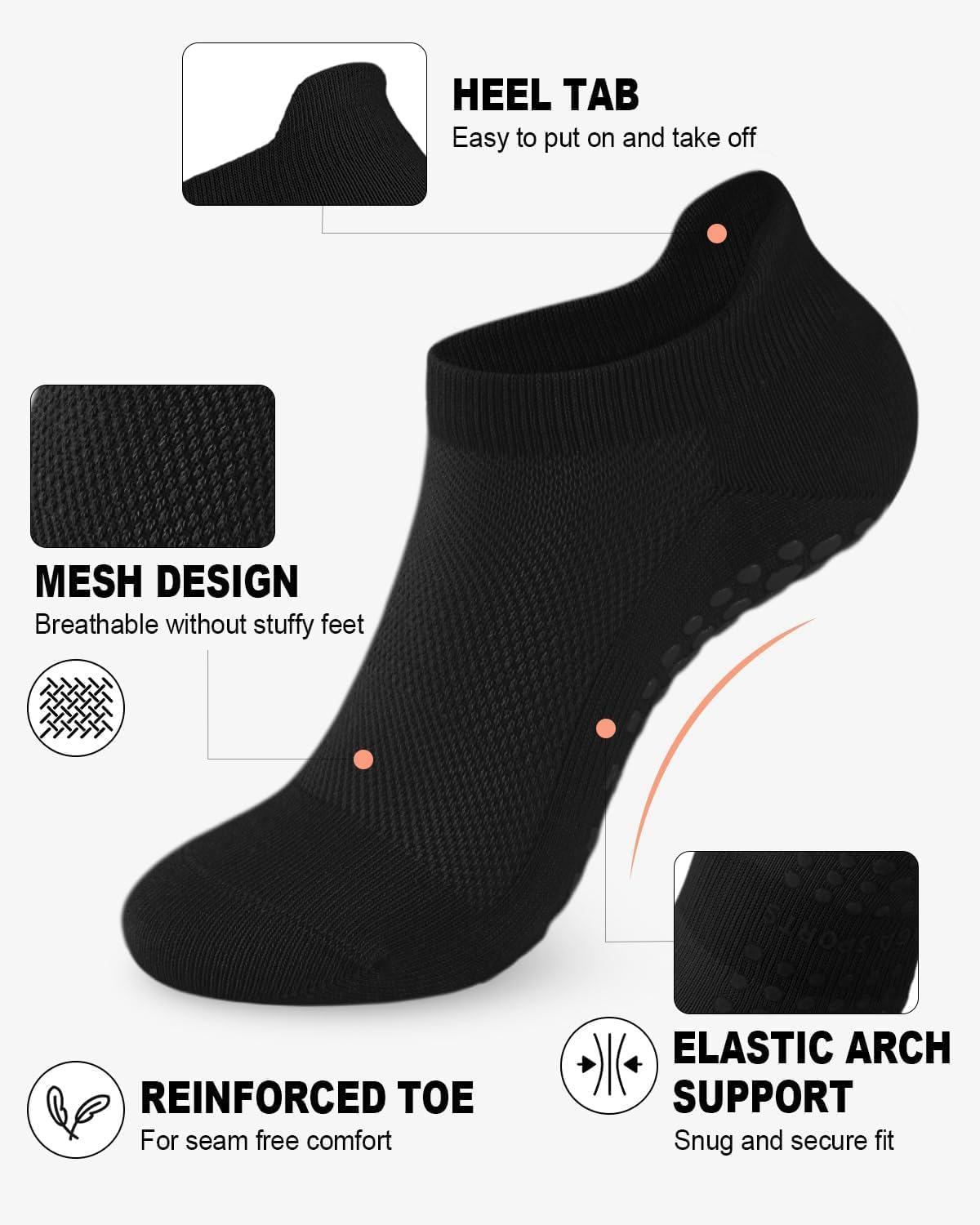 Pairs Pilates Socks for Women, Non Slip Grip Socks Yoga Socks Ankle Grippy Socks Woman for Barre, Hospital, Barefoot, Workout image number 2