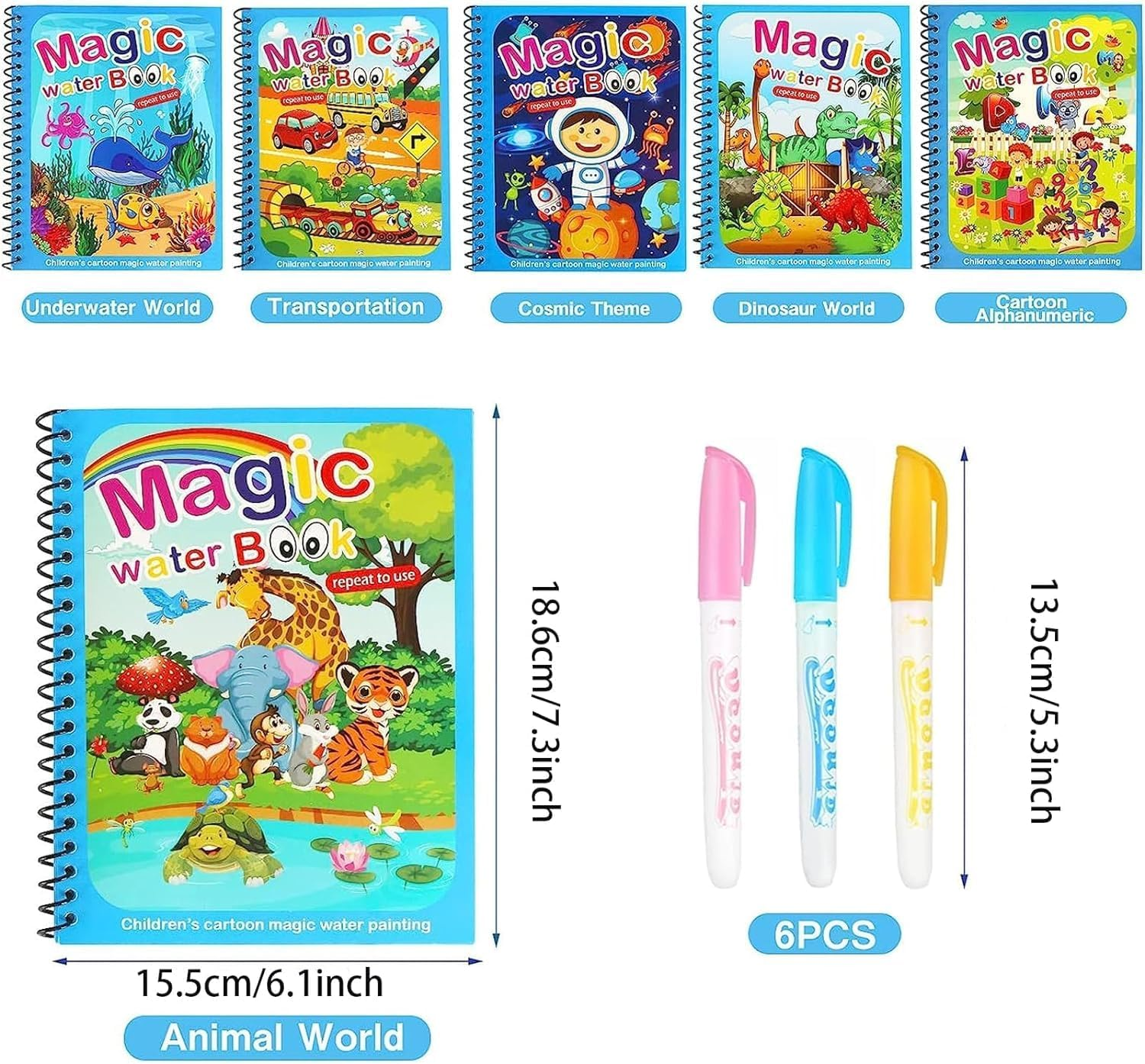 Water Coloring Books for Toddlers, 6 Packs Magic Paint with Water Coloring Book, Water Painting Book for Toddlers, Travel Toys for 3-5, Water Doodle Book Toys for Toddlers image number 4
