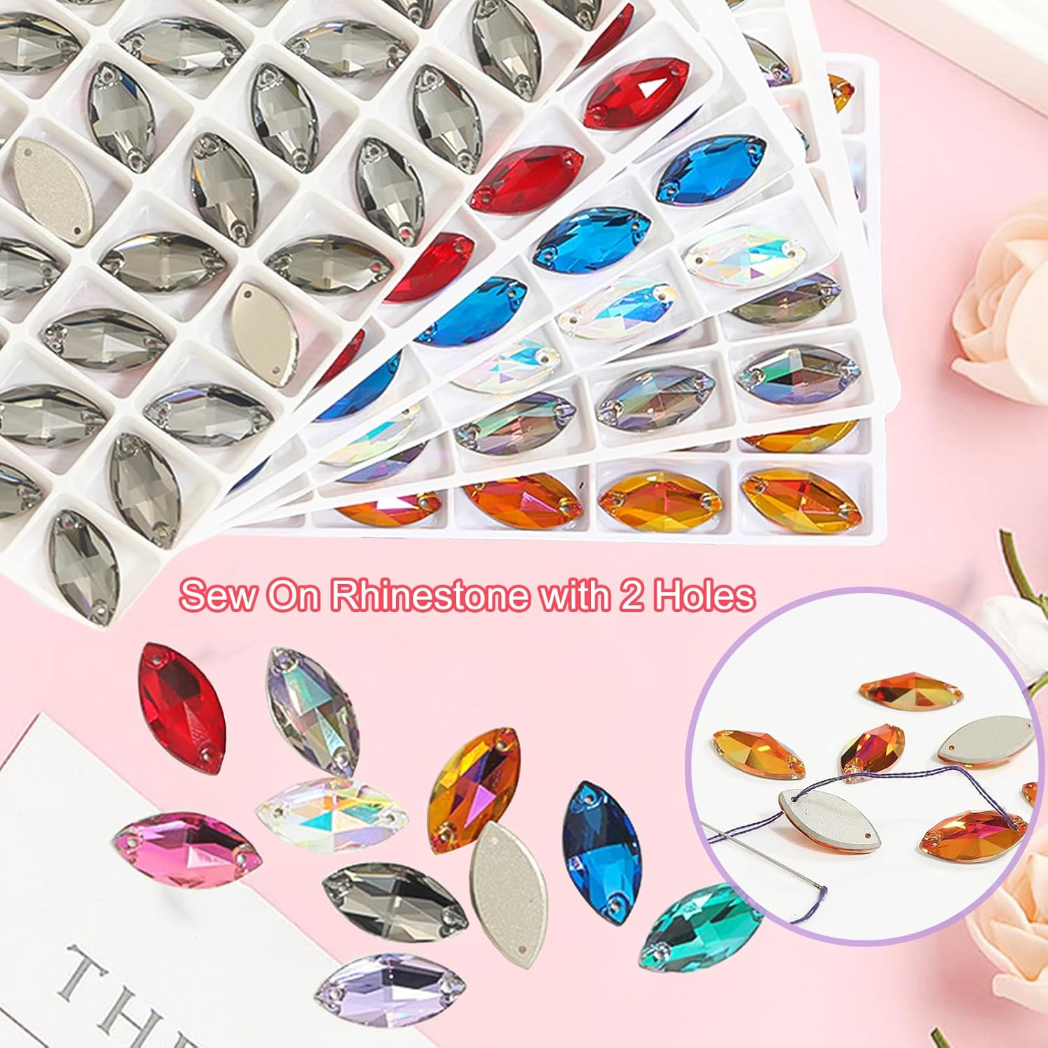 Horse Eye Rhinestones Flatback Sew on Rhinestone with 2 Holes 36Pcs 9X18Mm Glass Navette Shape Rhinestones for Crafts Project,Clothes,Costume,Shoes,Bags,Green image number 4