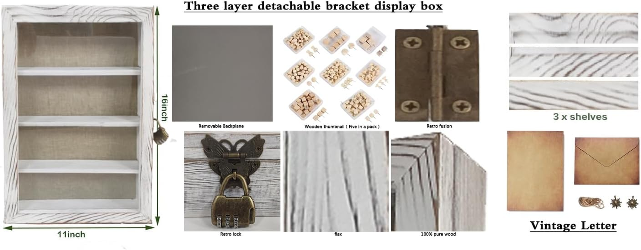 WANLIAN Shadow Box Frame with Acrylic 11X16&ldquo; Wooden Shadow Box Display Case with 3 Detachable Shelves & Linen Back, Wall-Mounted Deep Display Box Picture Frame for Photos Memorabilia (White) image number 5