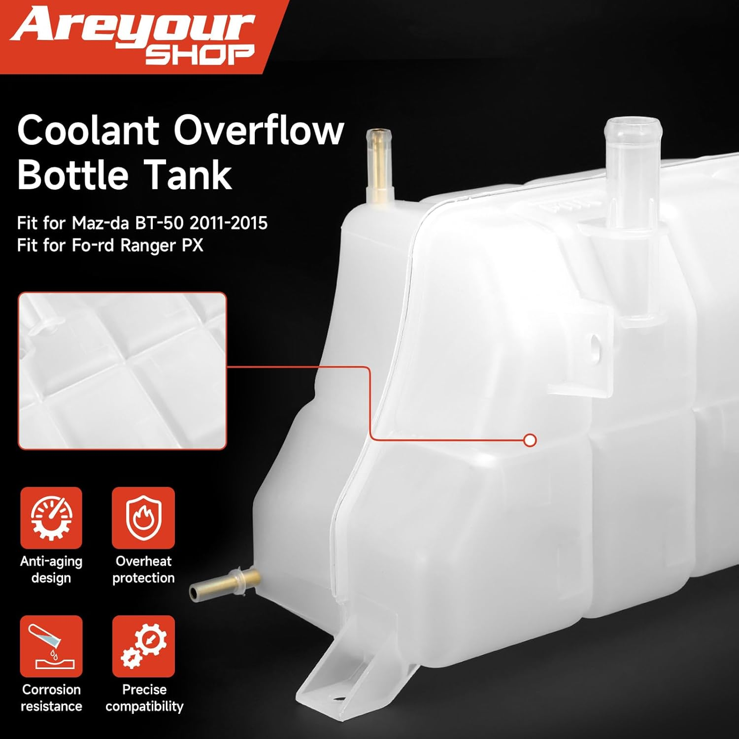 Areyourshop Coolant Overflow Reservoir for Ma-Zda BT-50 2011-2015, for Fo-Rd Ranger PX - Durable, Transparent/Black Plastic with Easy Installation & Leak Prevention, Part No. UK0115350