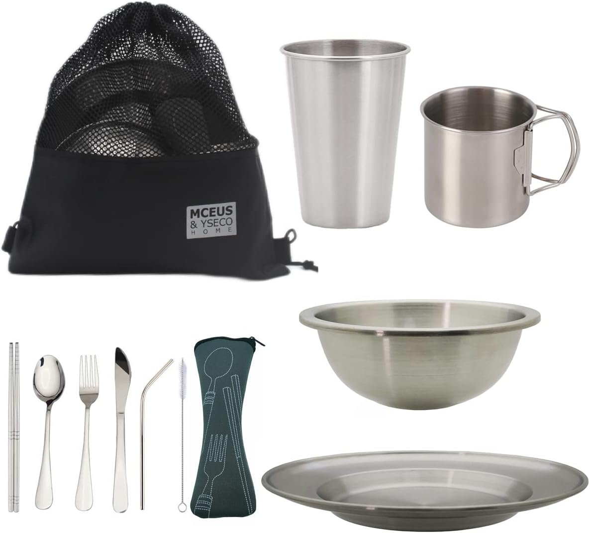 Compact Camping Mess Kit for 1 Person, Reusable Camping Dish Set, Polished 304 Stainless Steel Complete Camping Plates Cups and Bowls Set with Mesh Bag for Backpacking, Hiking image number 3