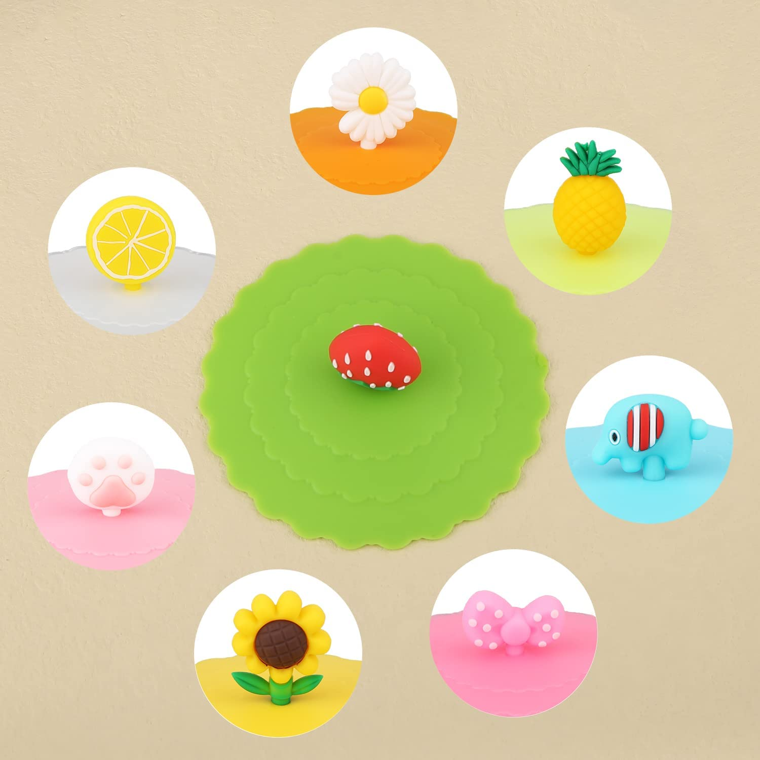 KINBOM 8Pcs Silicone Cup Lids, Colorful Anti-Dust Mug Cover - Cute Reusable Lids for Cups, Mugs, Beer Glasses - 8 Styles image number 3