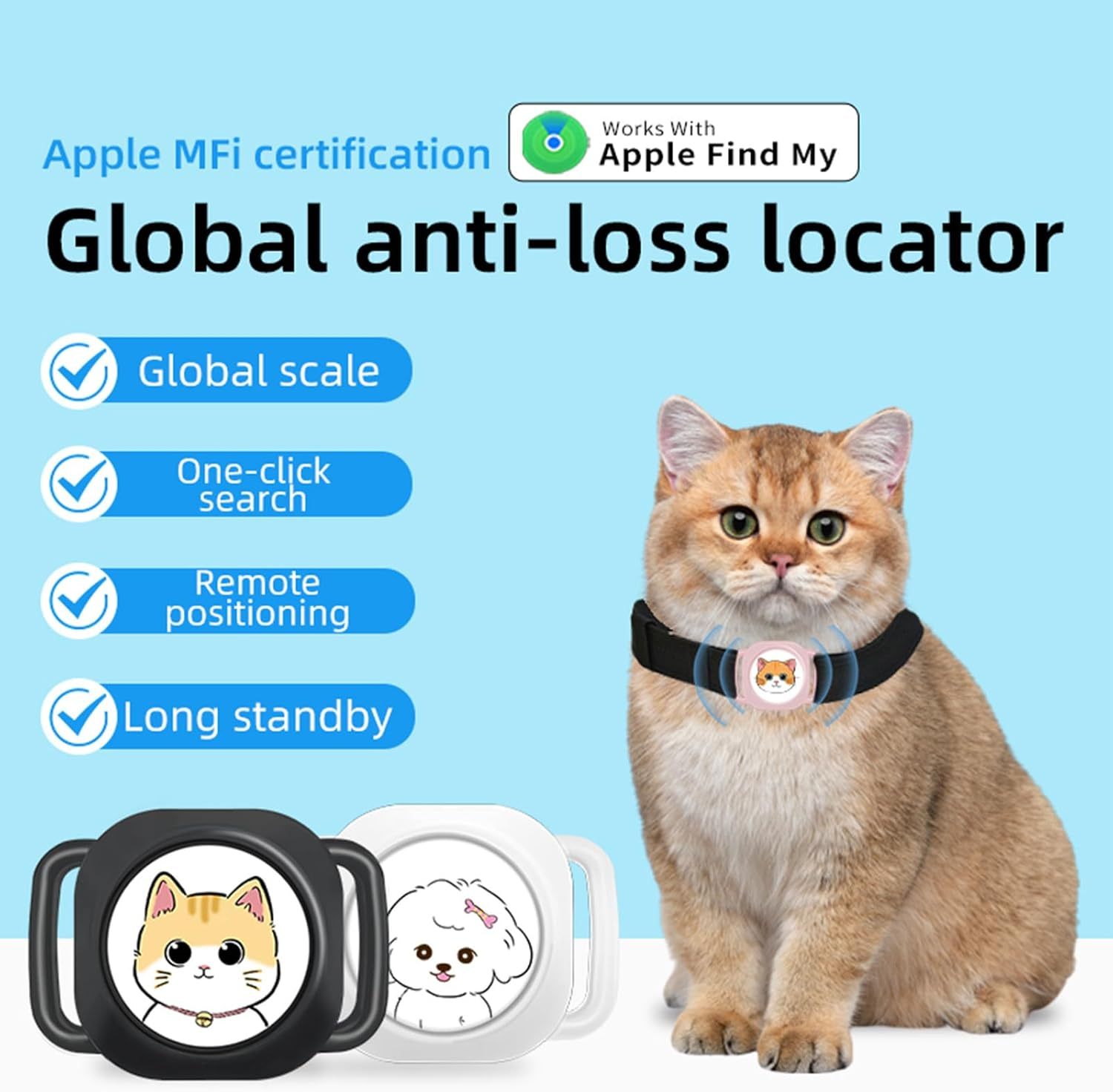 Smart Pet Tracker with Collar Holder &ndash; Lightweight 10G Pet Location Tracker for Dogs and Cats, Long Battery Life, No Monthly Fee, Bluetooth & Find My Compatibility, Waterproof, Safe & Durable (White)