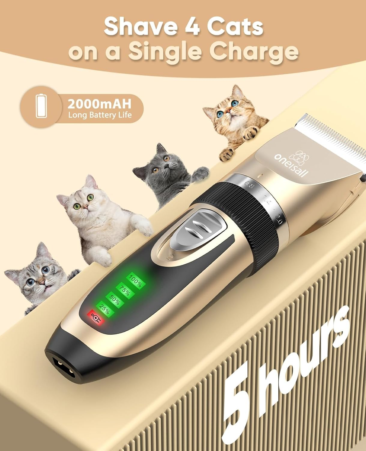 Oneisall Quiet Clipper, Cat, Dogs, Professional Hair Trimmer for Long Hair Cats with Thick Fur, Dog Clipper, Cat Shaver with Powerful Motor (Gold) image number 3