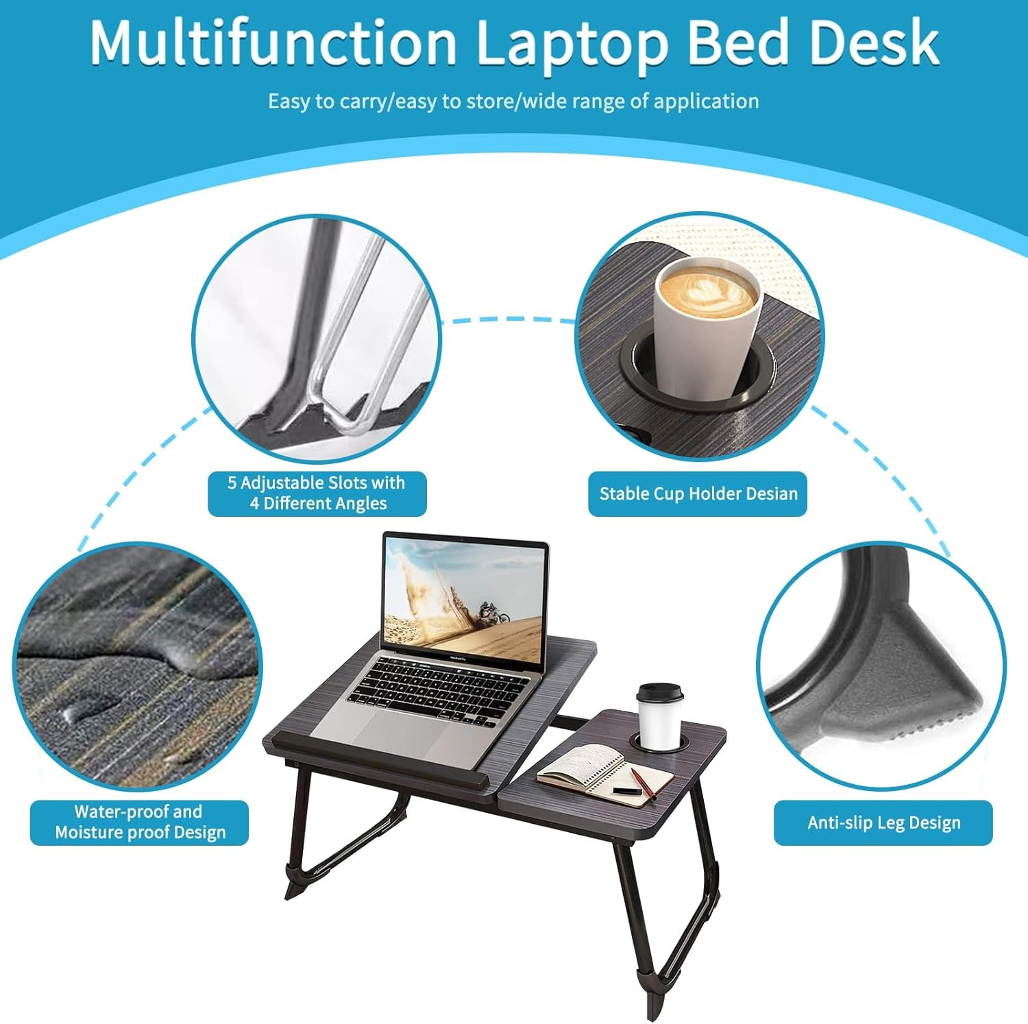 ZERIFAM Laptop Desk for Bed - 5 Adjustable Angle Laptop Stands, Portable Laptop Tray Table with Cup Holder, Used for Work, Writing, and Any Work Activity on the Bed/Sofa (Black) image number 1