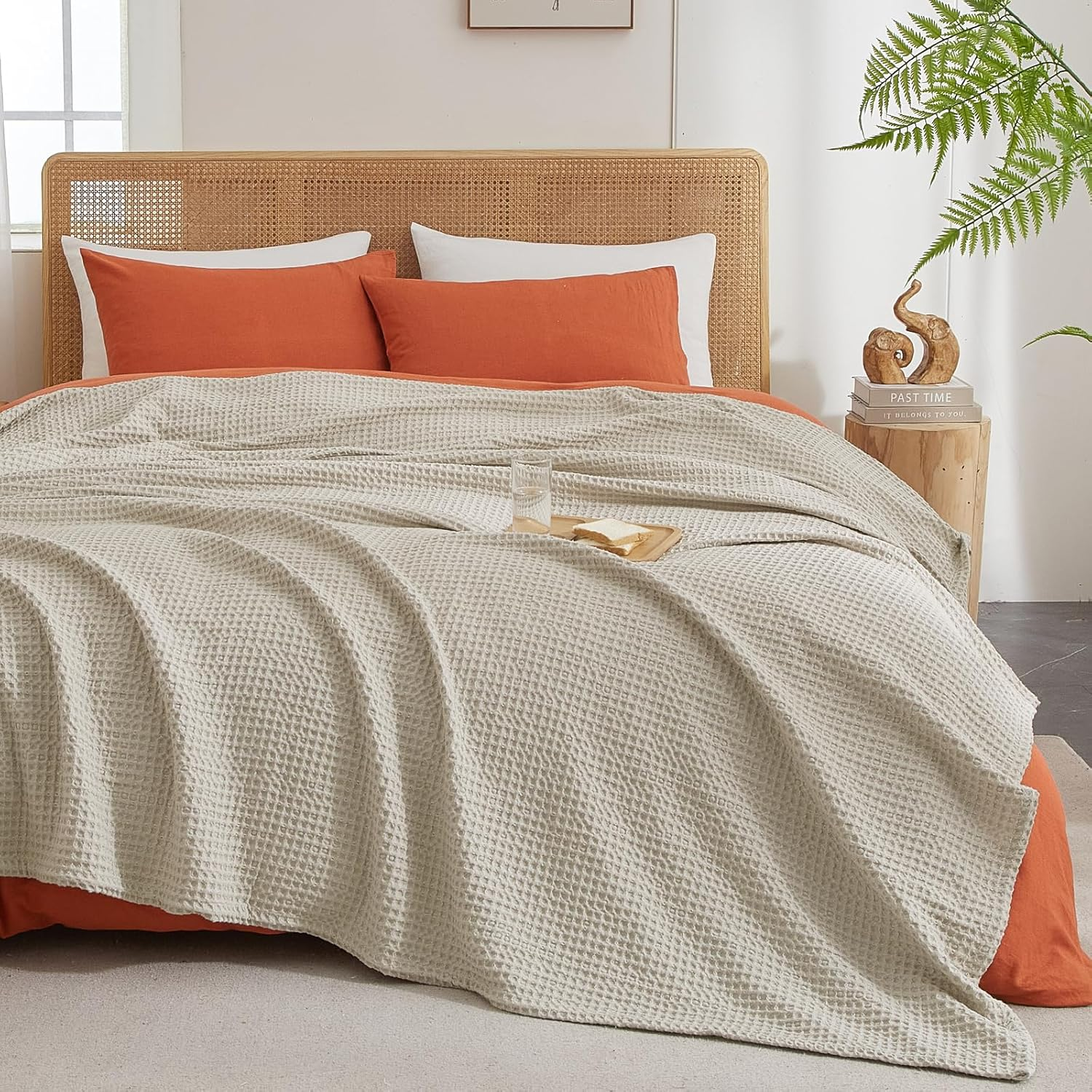PHF Ultra Soft Waffle Weave Throw Blanket 50"X 60"- Washed Lightweight Breathable Cozy Woven Blanket for Bed - Aesthetic Decor for Couch Bedding Sofa Home Car - Light Khaki/Linen image number 7