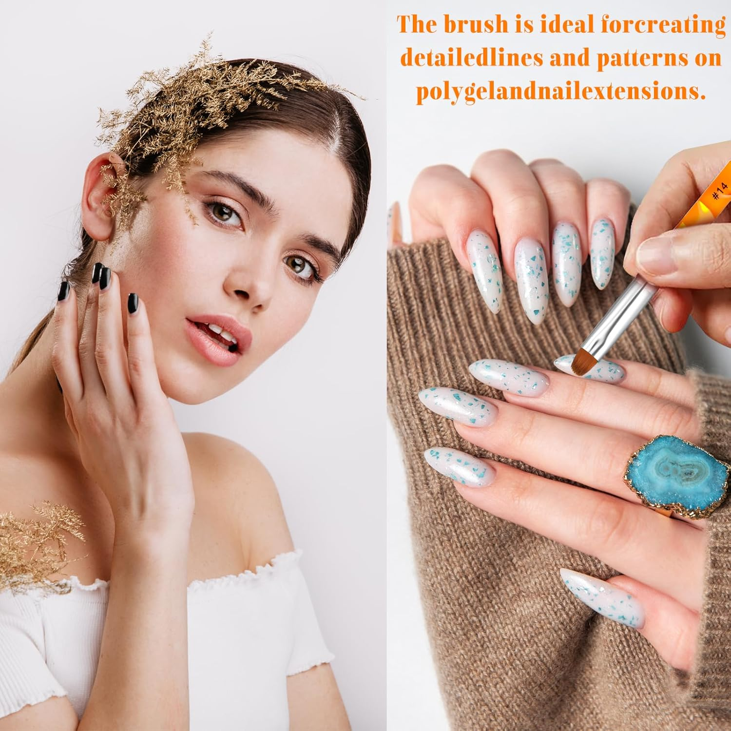 French Gel Acrylic Nail Art Brush with Dotting Tool, 2 Way French Gel Acrylic Nail Art Brush with Dotting Manicure Tool for Professional Manicure Nails Detailed Designs, Size #14 & #16 image number 2