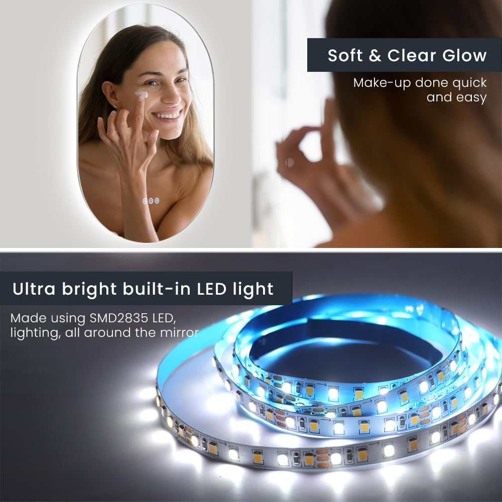 Simplus LED Wall Mirror Oval Bathroom Mirrors for Wall Mounted Anti-Fog Smart Touch Switch Vanity Makeup Mirror 50X75Cm(Backlit Light) image number 4