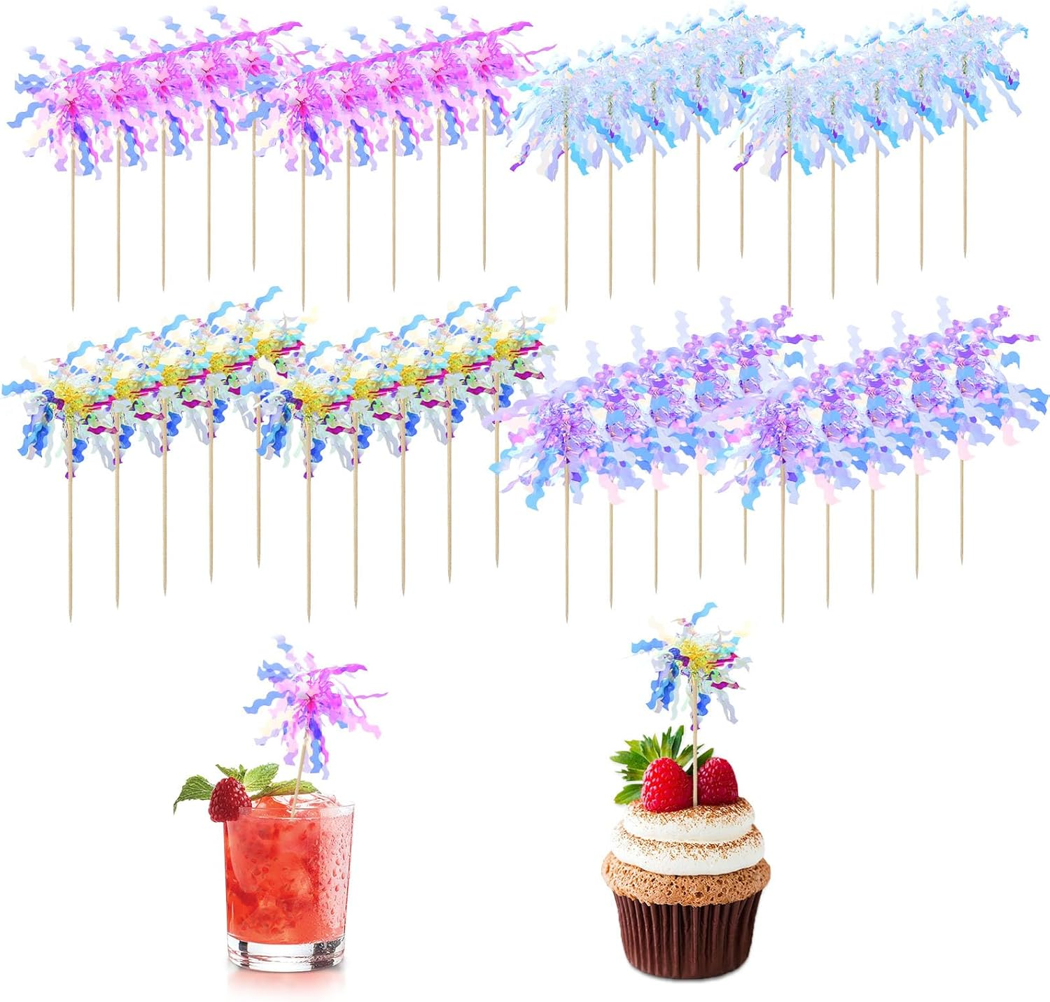 40 Pieces Colorful Firework Cupcake Toppers, Sparkle Tinsel Birthday Cake Decorations, Foil Frill Toothpicks for Christmas Wedding Party Graduation Ceremony Decor (Style 2) image number 6