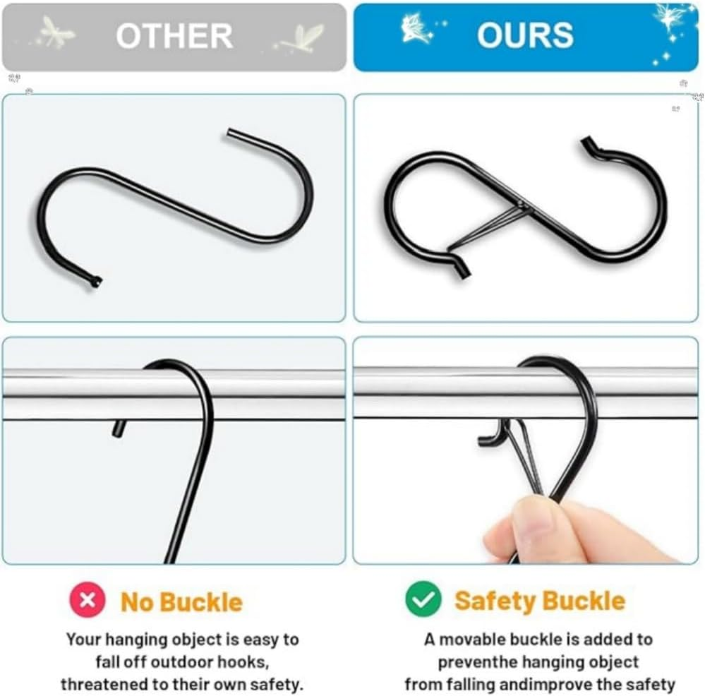 HIDOSNG 20Pcs S Hooks with Safety Buckle, 3.5 Inch Heavy Duty S Hooks for Kitchen, Bathroom, Courtyard - Hanging Plants, Clothes,Bathing Utensils, Bags (Black) image number 2