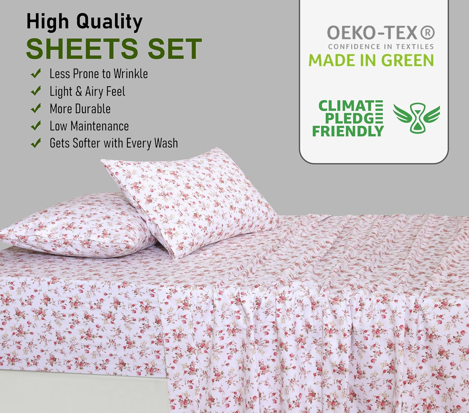 RUVANTI 100% Cotton King Size Sheets Set, 4 Pieces, Soft & Breathable Percale Weave Bedding, Deep Pocket 16", Hotel Standard, Crisp Cool Feel, Durable, Perfect Floral Bed Sheet, Bouquet image number 3