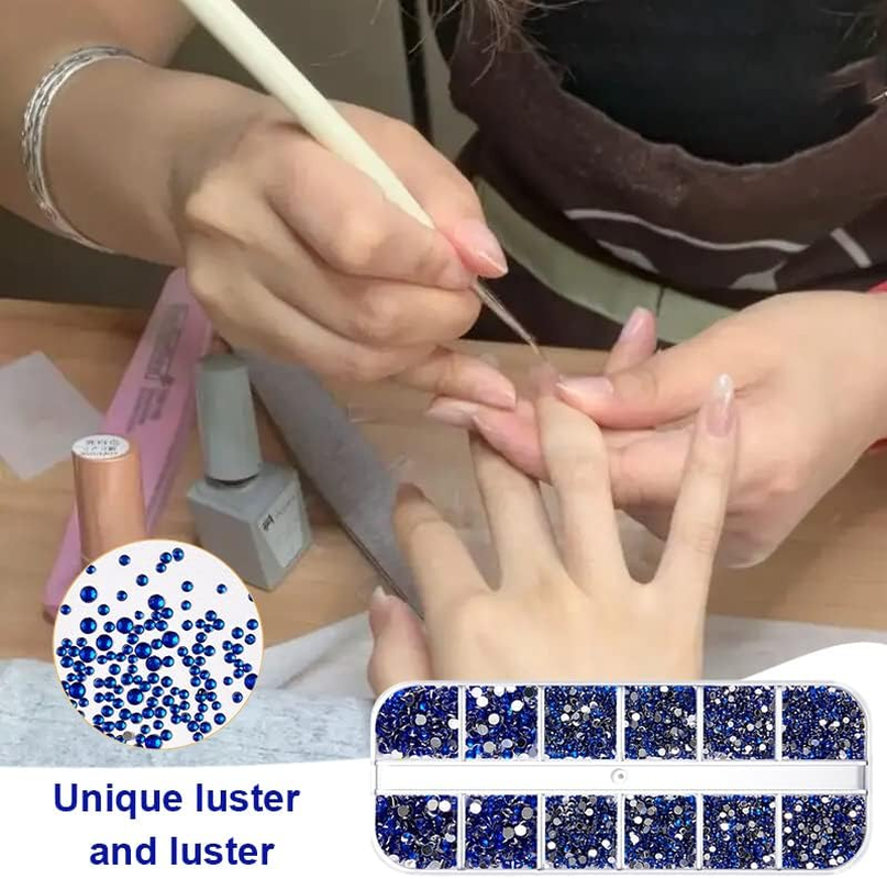 1200 Pieces Nail Art Street 3 Sizes Flatback Gemstones, with Pick-Up Tweezers and Rhinestone Pointer Transparent round Crystal Rhinestones for Nail Art Clothing Crafts (Navy Blue) image number 1