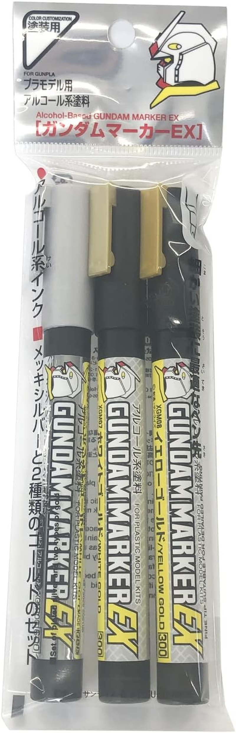 Mr.Hobby XGMS100 Gundam Marker EX Plated Silver & Gold, Paint Type, EX Series, Felt Tip Pens, for Painting Gunpla, 3 Colours, XGM100, XGM07, XGM08, Silver, White Gold, Yellow Gold, Set of 3 image number 1