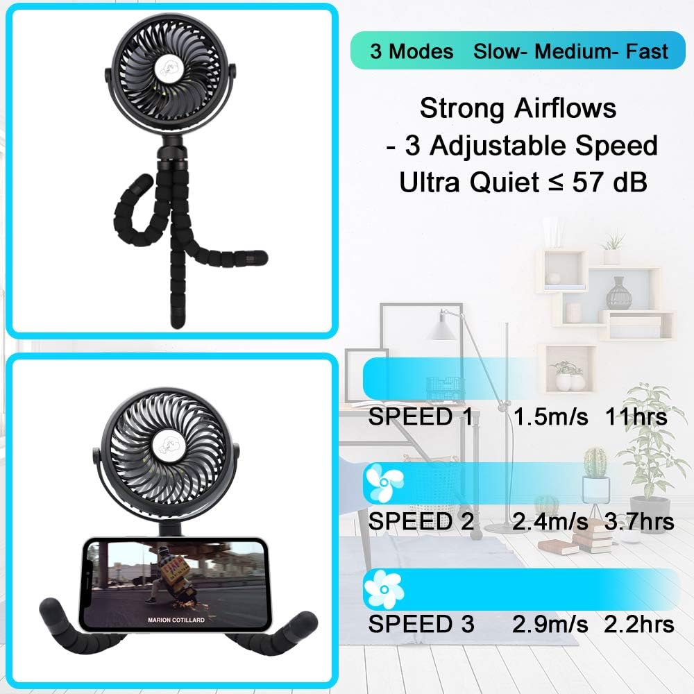 Portable Battery Powered Stroller Fan,Mini Handheld Personal USB Fan,Car Seat Baby Fan with Flexible Tripod,360&deg; Rotatable Ultra Quiet Desk Fan with LED Light for Stroller/Bike/Camping/Bbq/Gym image number 5